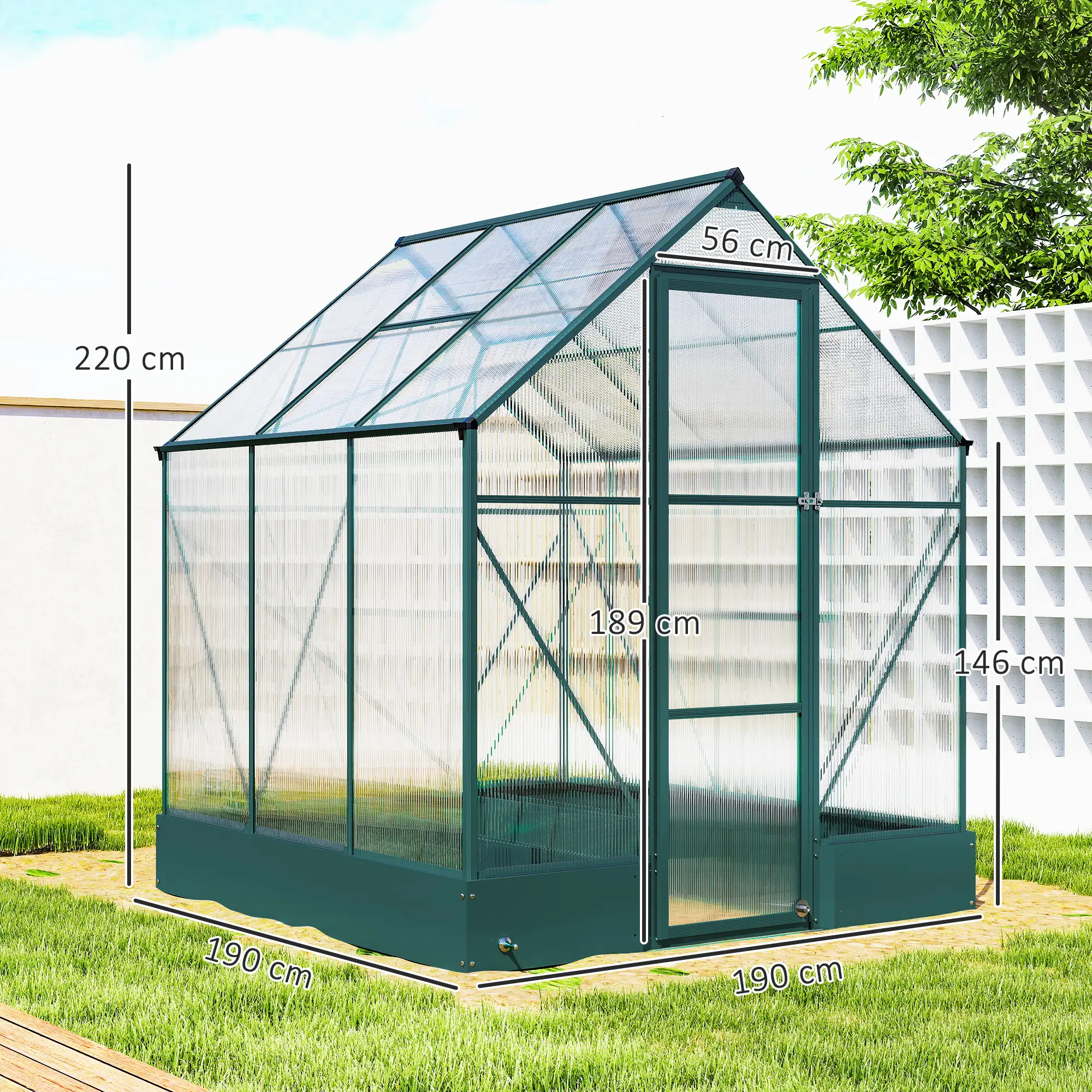 Outsunny 6 x 6ft Polycarbonate Greenhouse, Green - Image 3