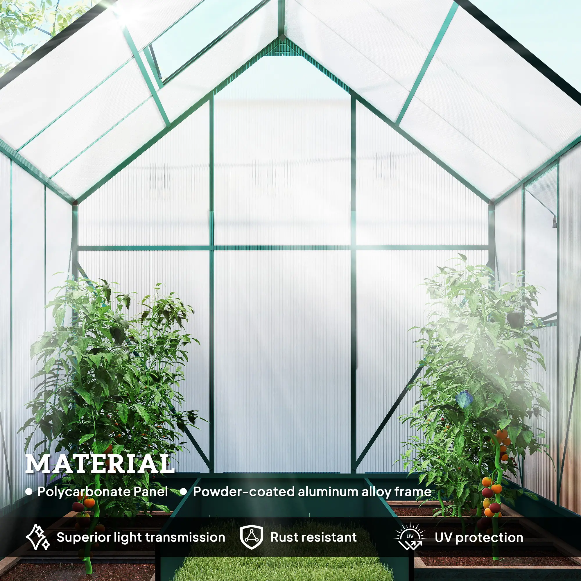 Outsunny 6 x 6ft Polycarbonate Greenhouse, Green - Image 4