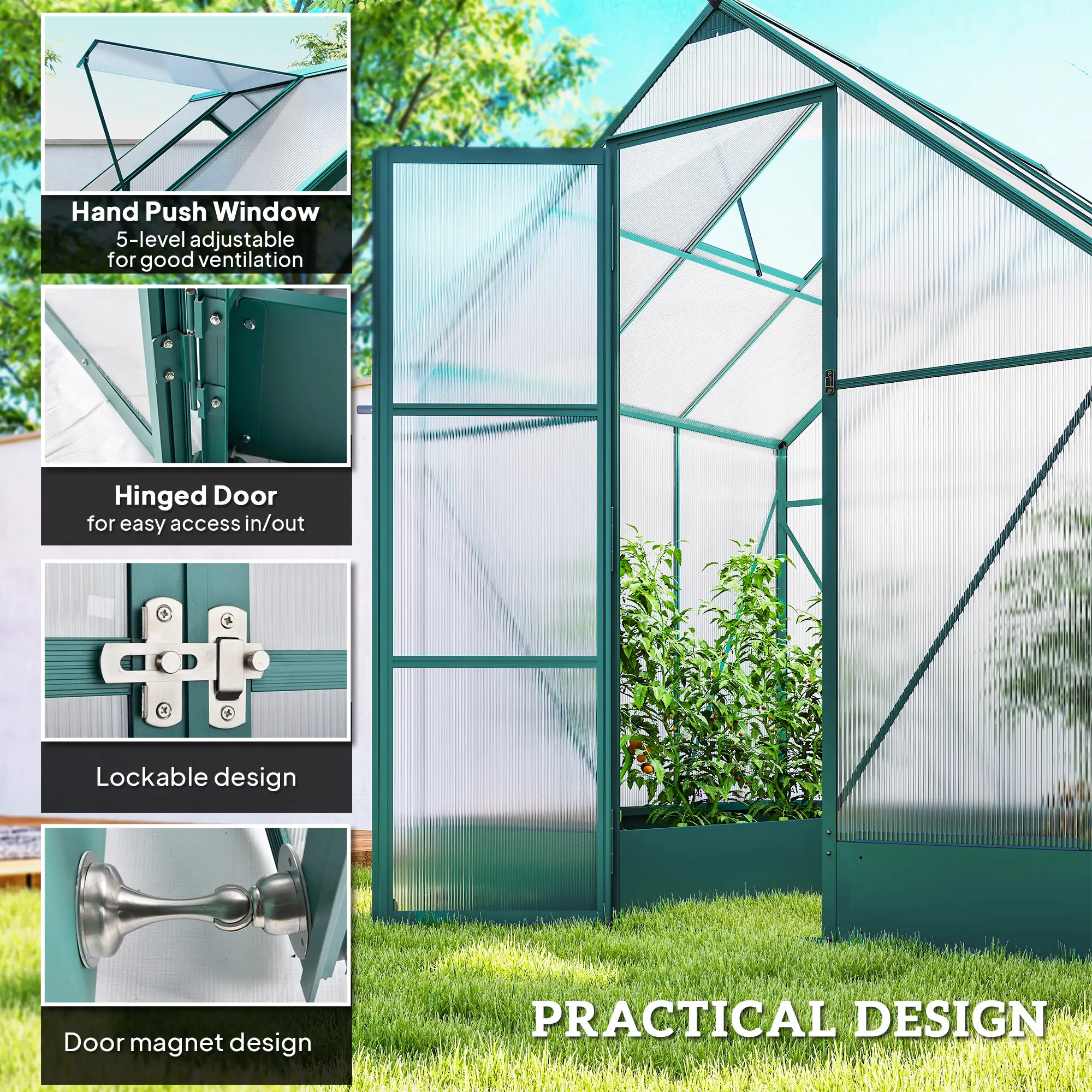 Outsunny 6 x 6ft Polycarbonate Greenhouse, Green - Image 5