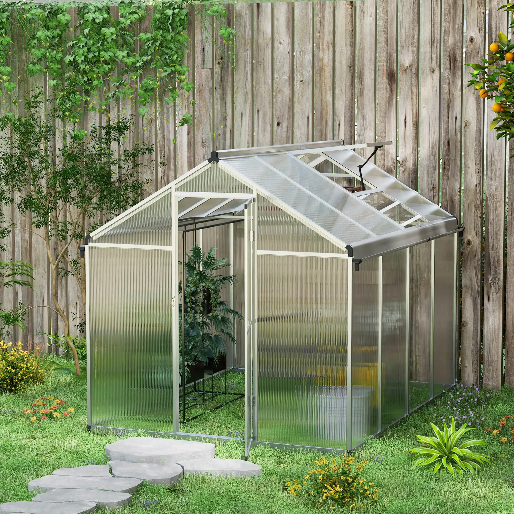 Outsunny 8 x 6ft Polycarbonate Greenhouse, Silver - Image 2