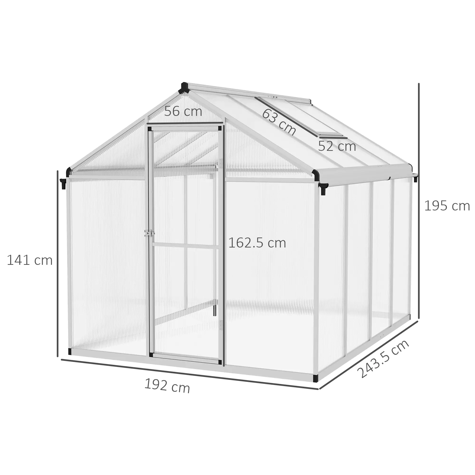 Outsunny 8 x 6ft Polycarbonate Greenhouse, Silver - Image 3