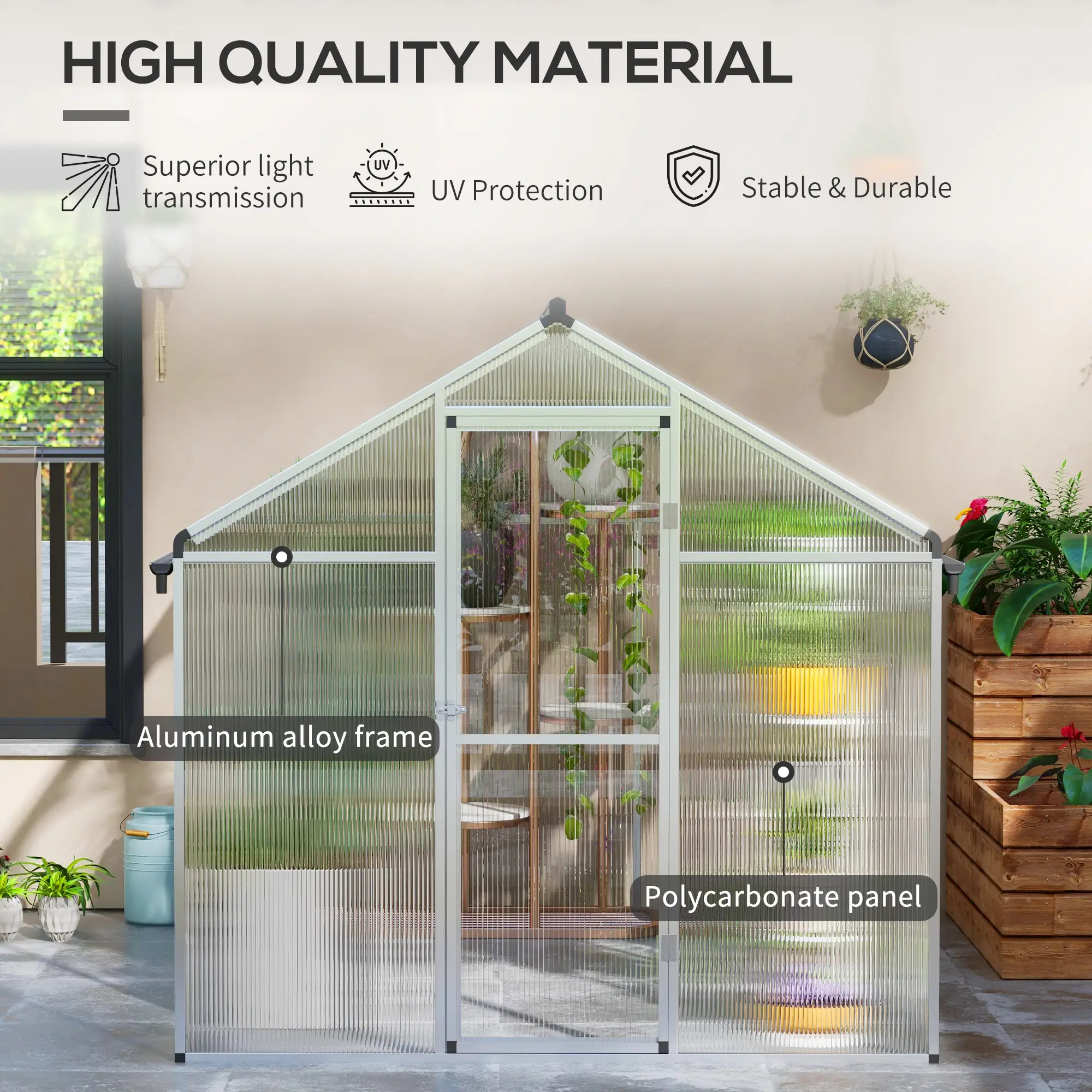 Outsunny 8 x 6ft Polycarbonate Greenhouse, Silver - Image 4
