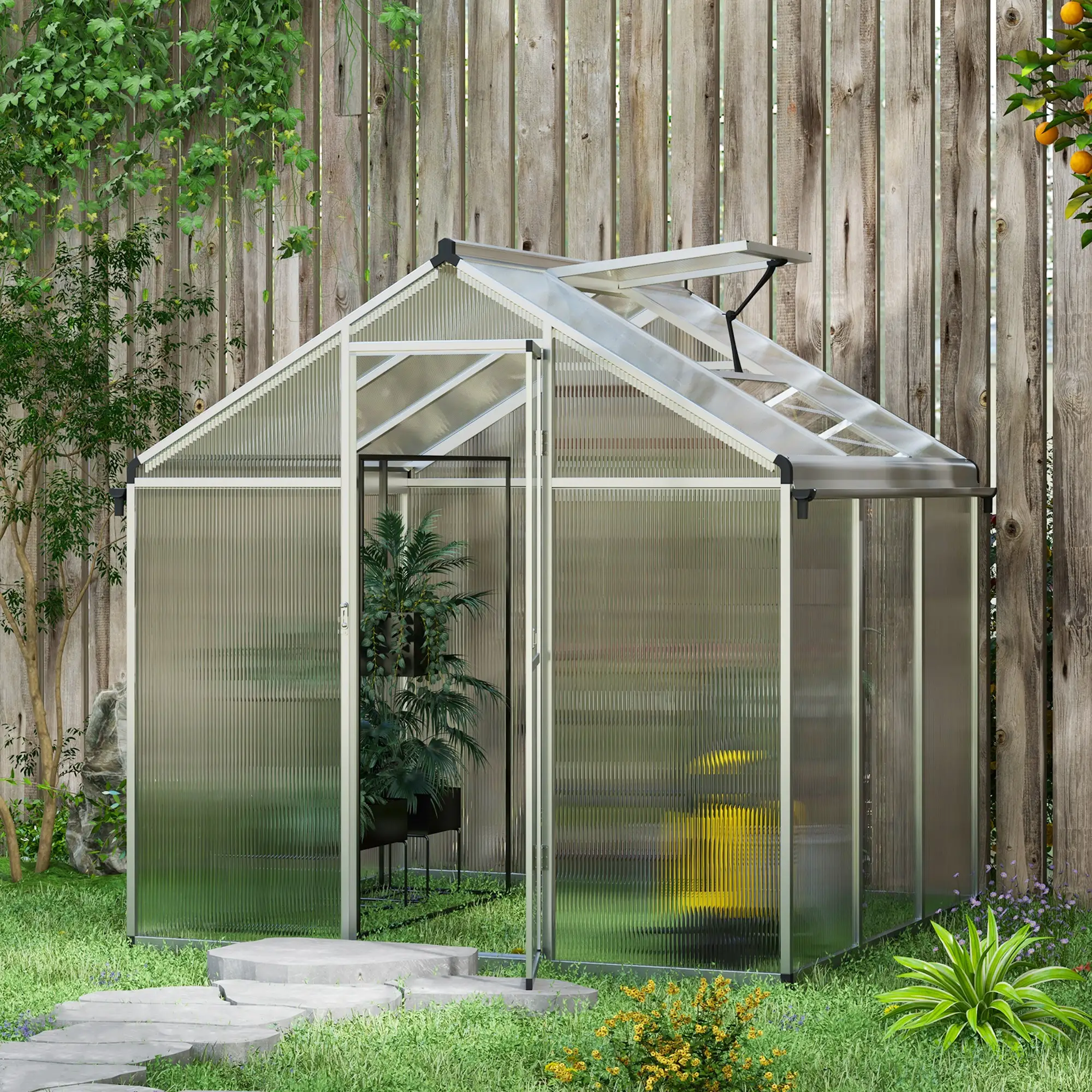 Outsunny 6 x 6ft Polycarbonate Greenhouse, Silver - Image 2