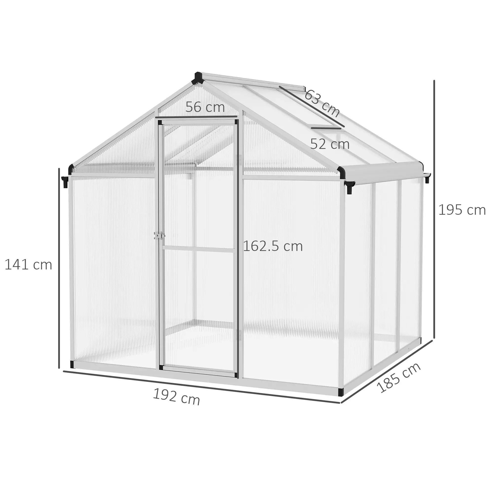 Outsunny 6 x 6ft Polycarbonate Greenhouse, Silver - Image 3