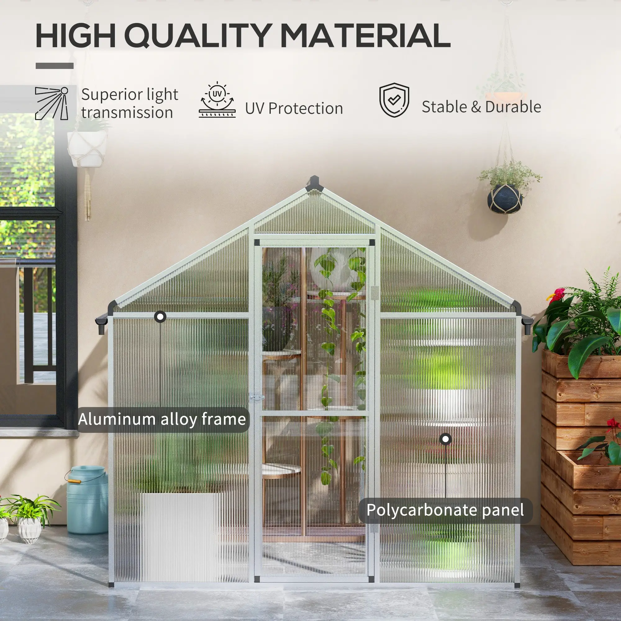 Outsunny 6 x 6ft Polycarbonate Greenhouse, Silver - Image 4