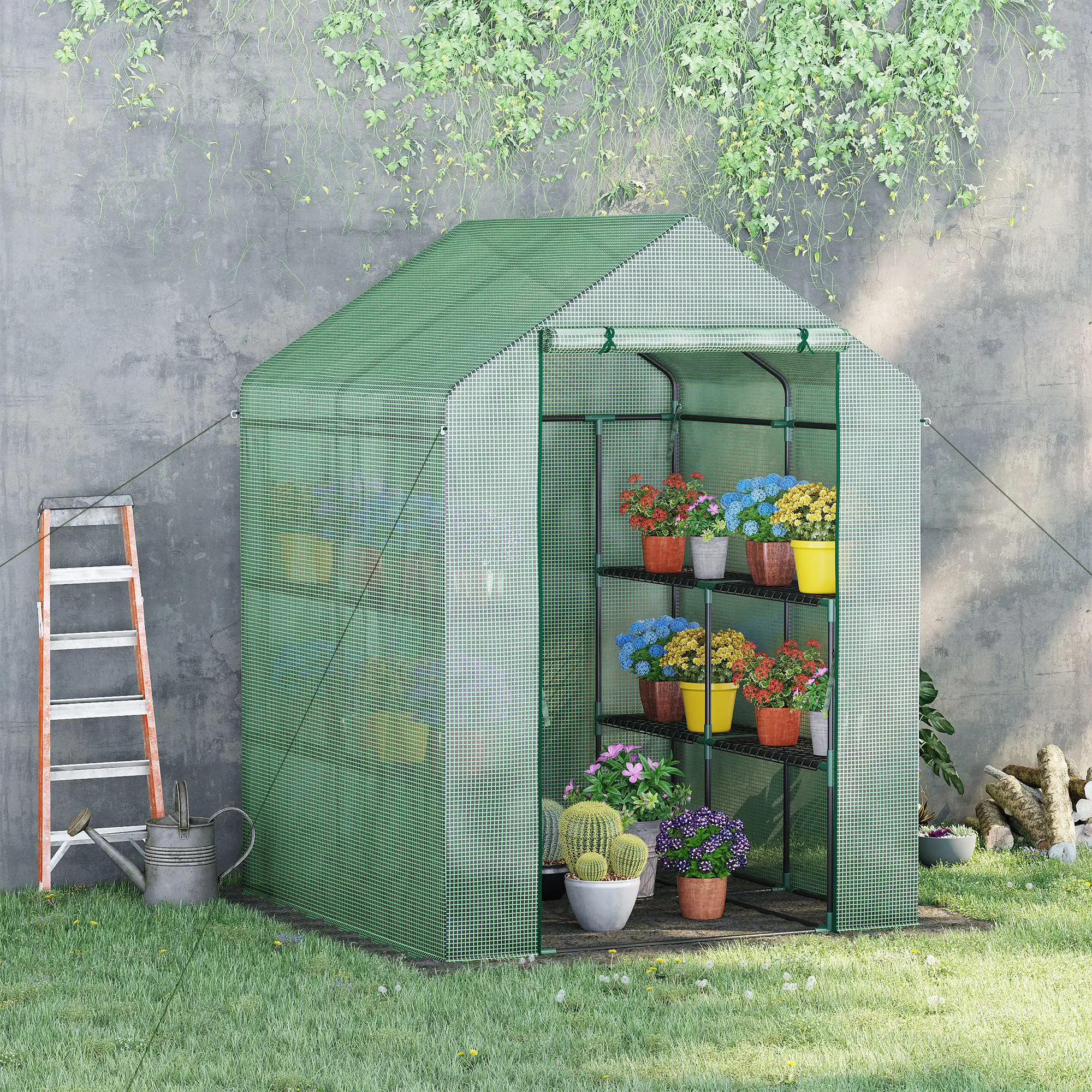 Outsunny 143 x 138cm Walk-in Greenhouse, Green - Image 13