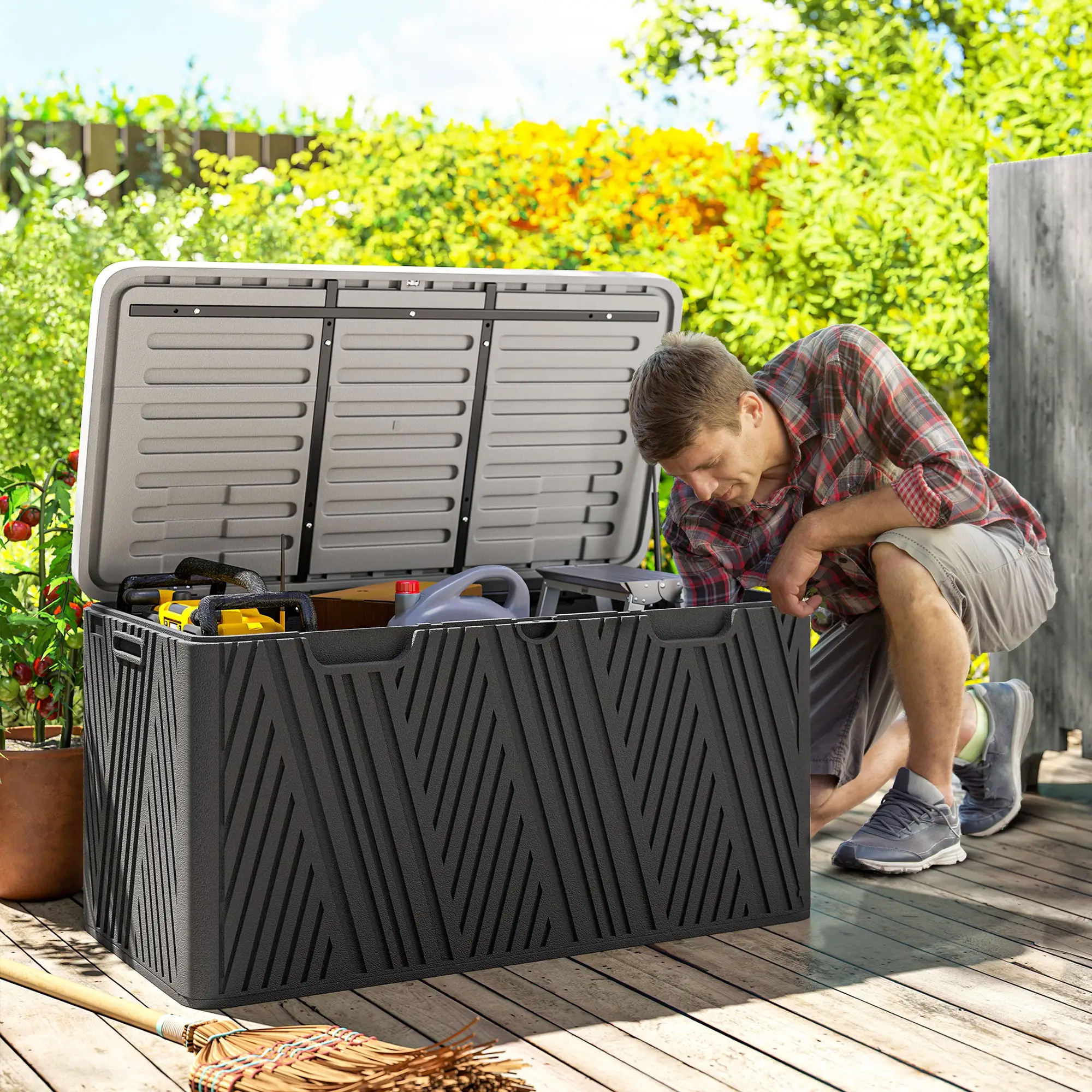 Outsunny 380L Plastic Garden Storage Box, Black and Grey - Image 2