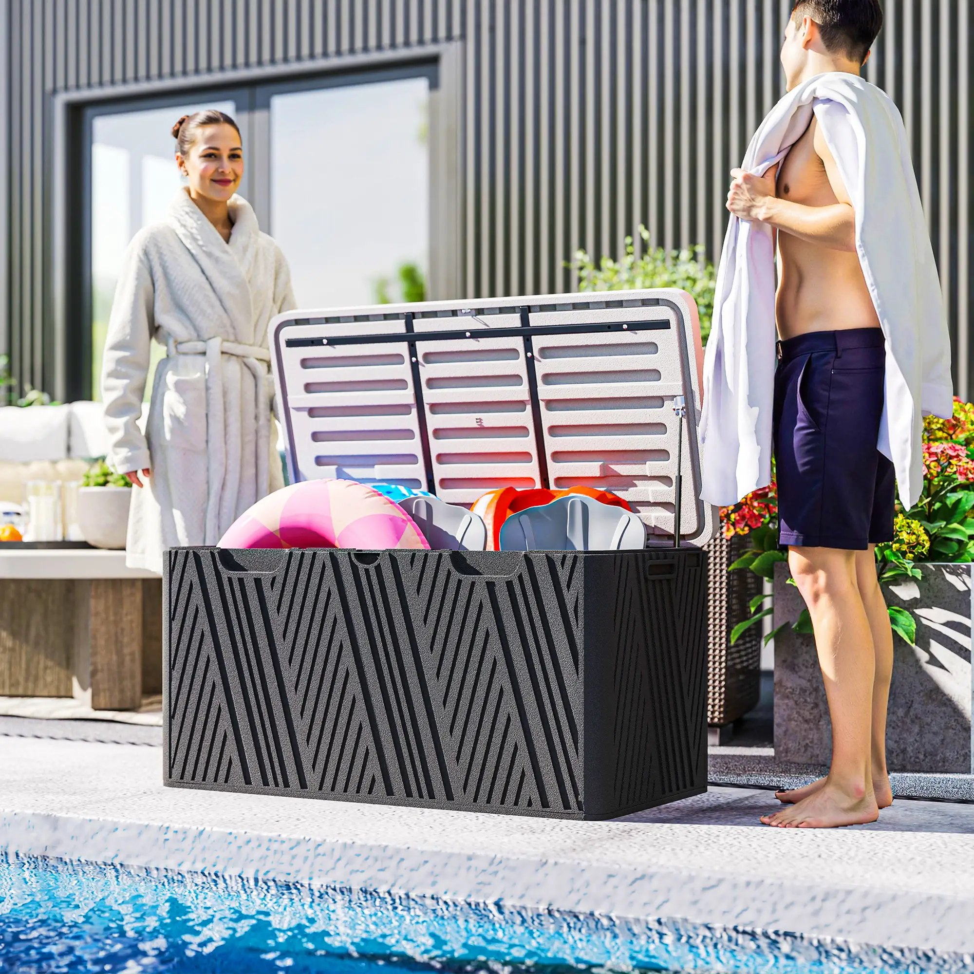 Outsunny 380L Plastic Garden Storage Box, Black and Grey - Image 8
