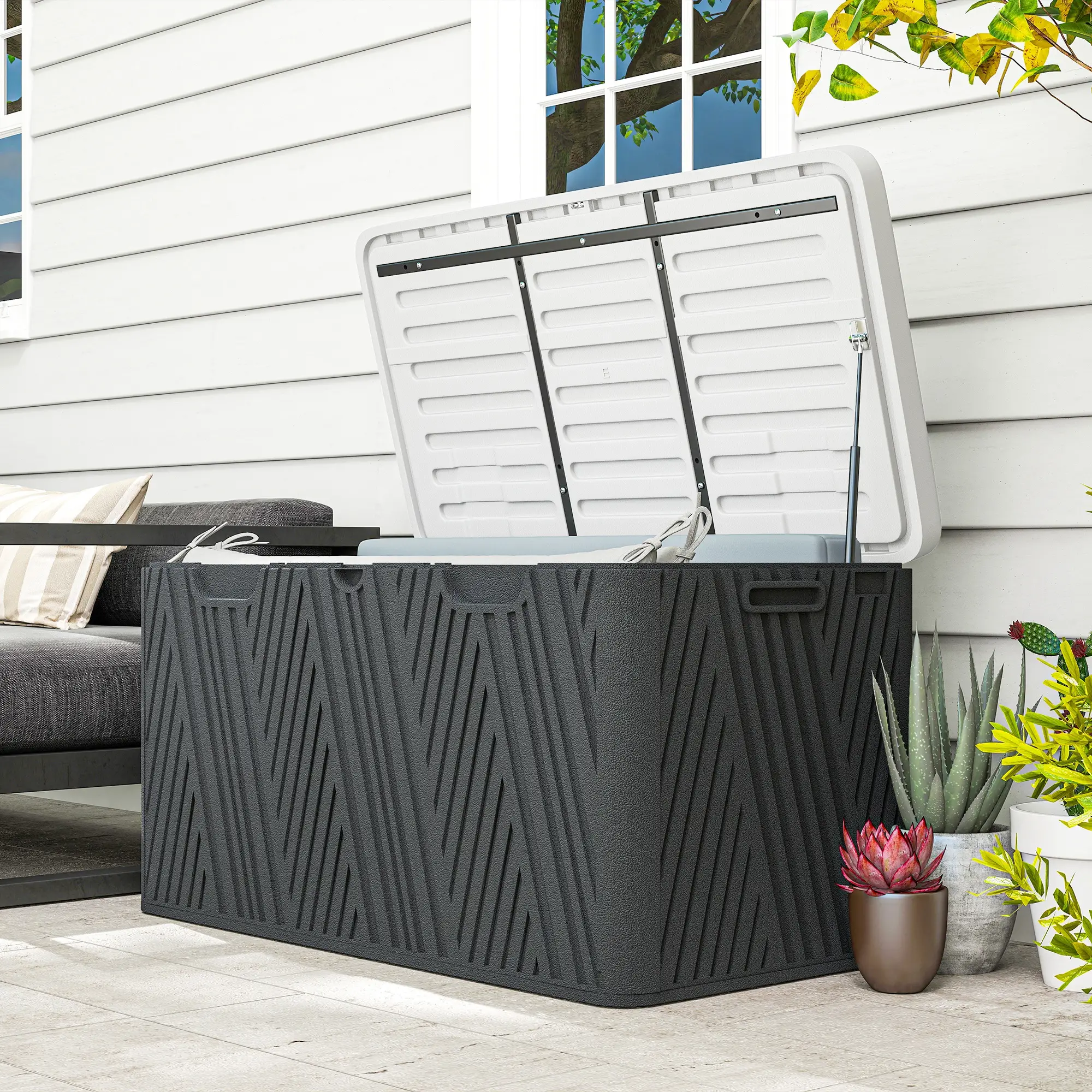 Outsunny 380L Plastic Garden Storage Box, Black and Grey - Image 10