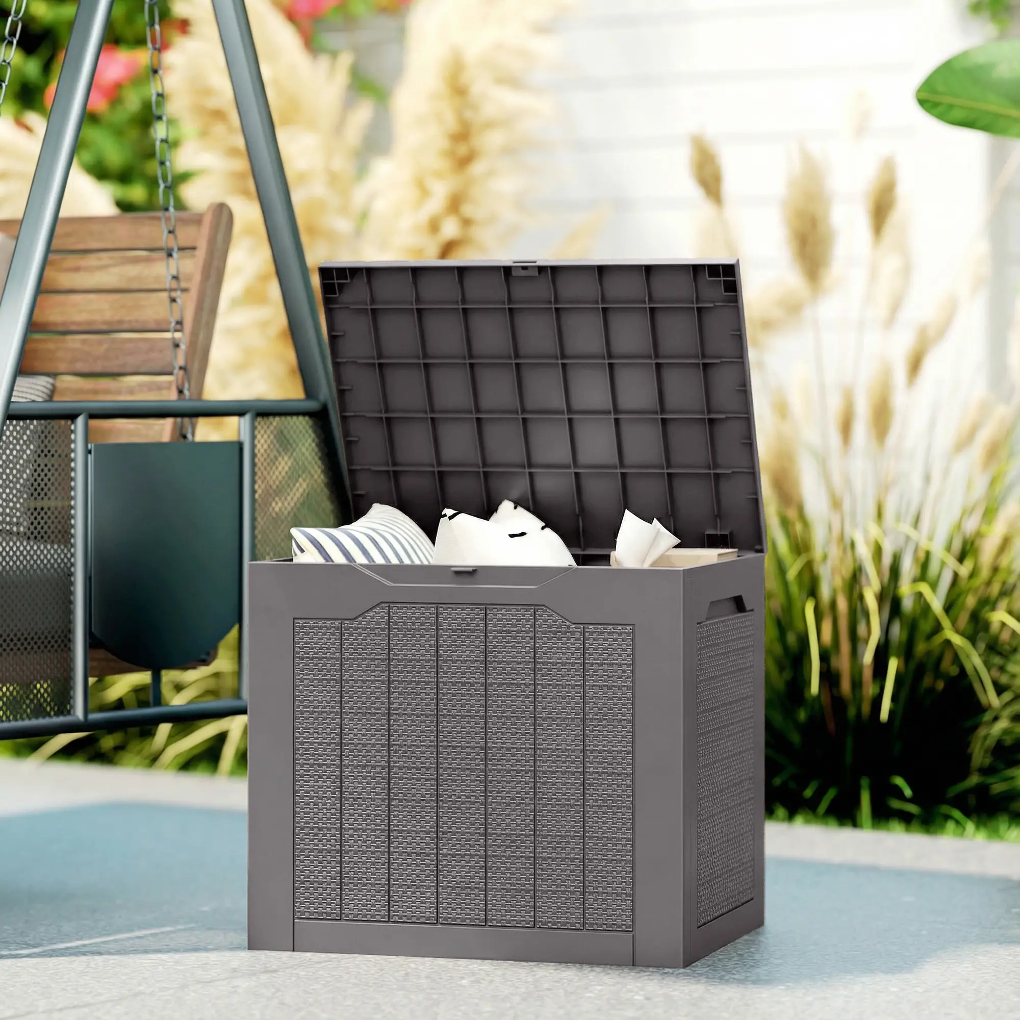 Outsunny 97L Plastic Garden Storage Box, Brown - Image 2