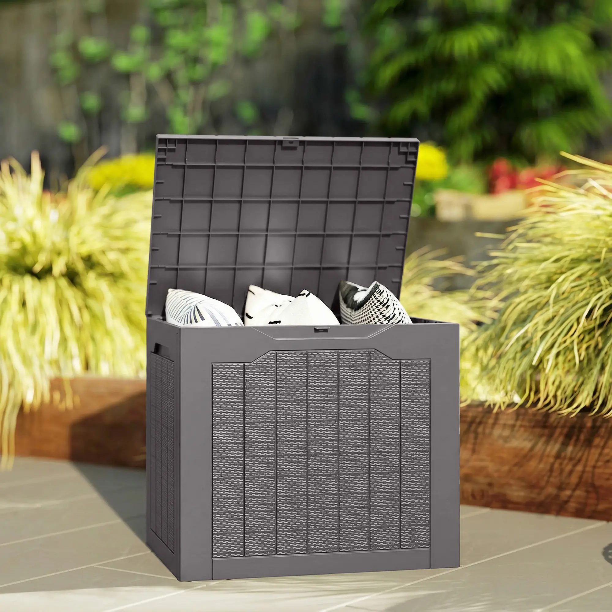 Outsunny 97L Plastic Garden Storage Box, Brown - Image 10