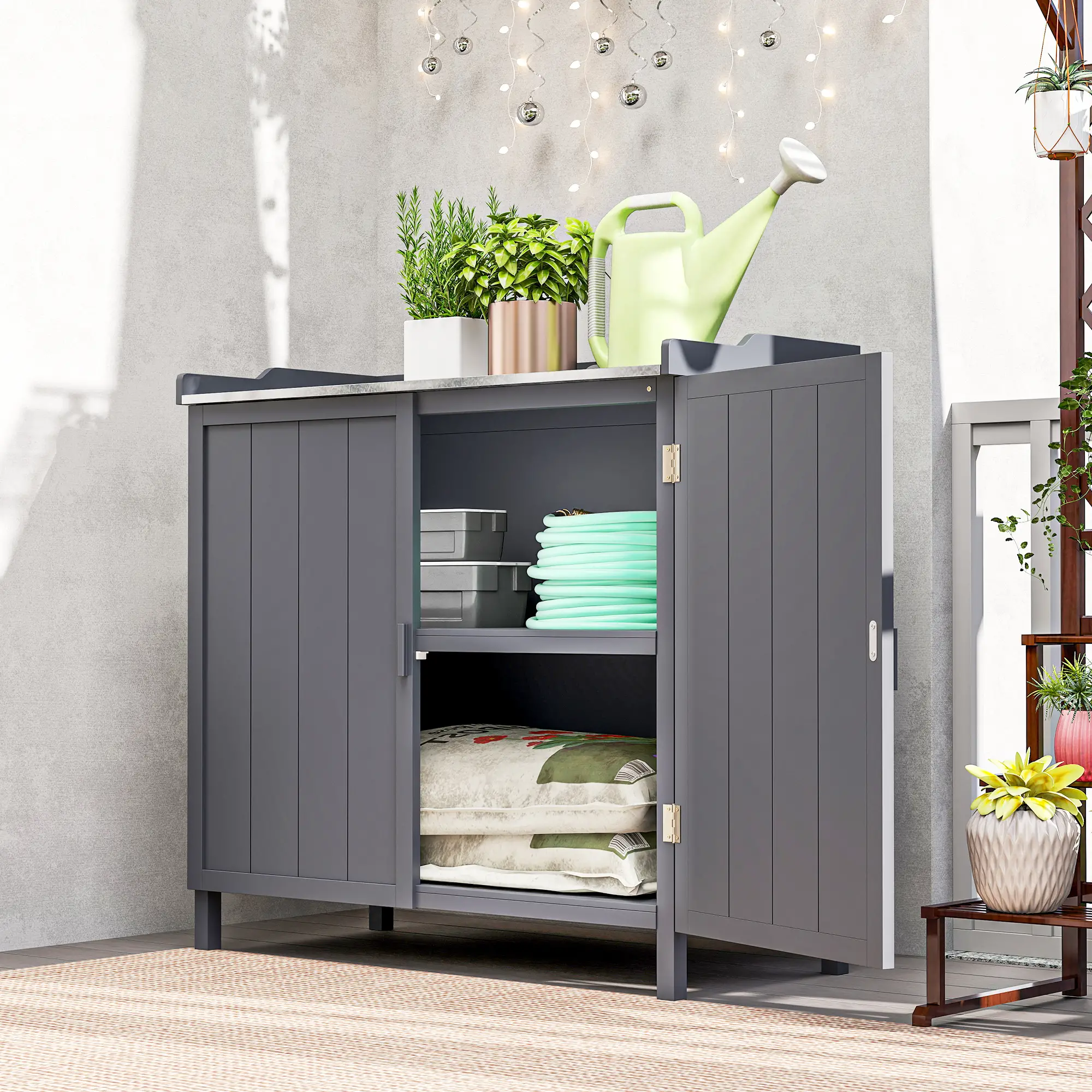 Outsunny 98 x 48 x 95.5cm Wooden Garden Storage Cabinet, Grey - Image 2