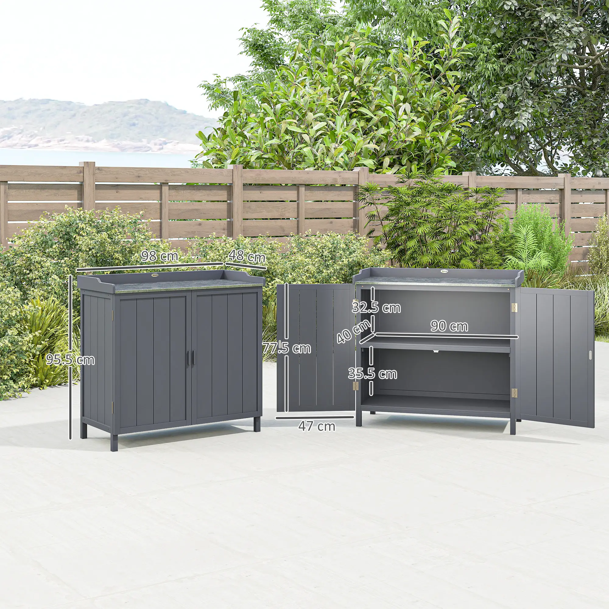 Outsunny 98 x 48 x 95.5cm Wooden Garden Storage Cabinet, Grey - Image 3