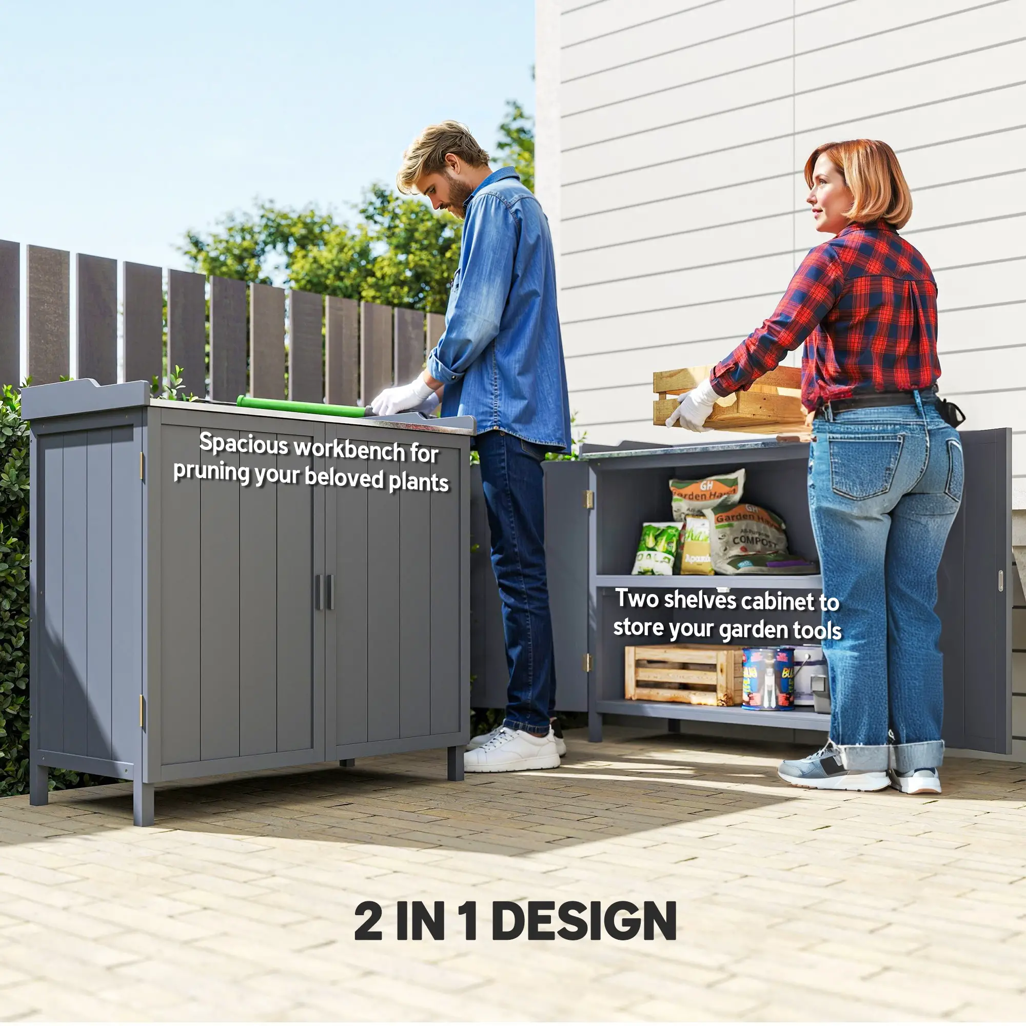 Outsunny 98 x 48 x 95.5cm Wooden Garden Storage Cabinet, Grey - Image 4