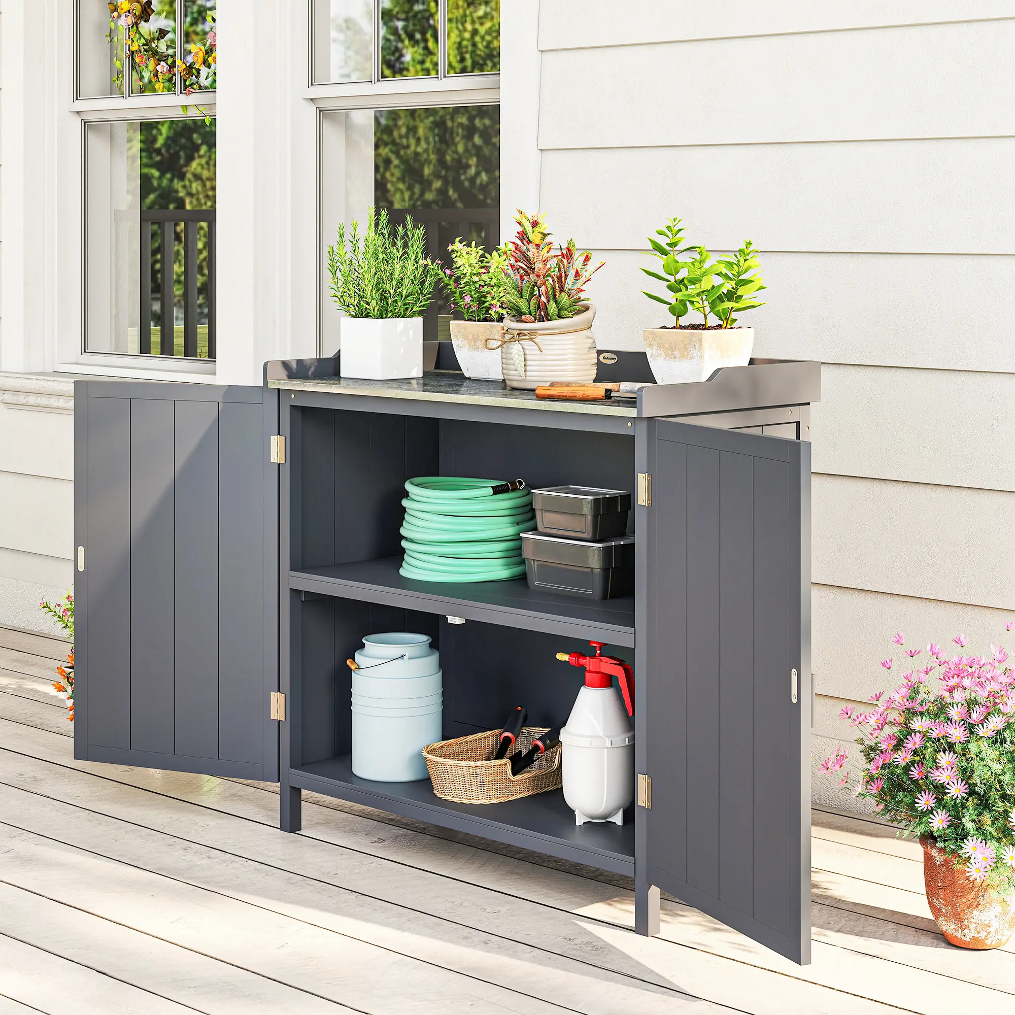 Outsunny 98 x 48 x 95.5cm Wooden Garden Storage Cabinet, Grey - Image 7