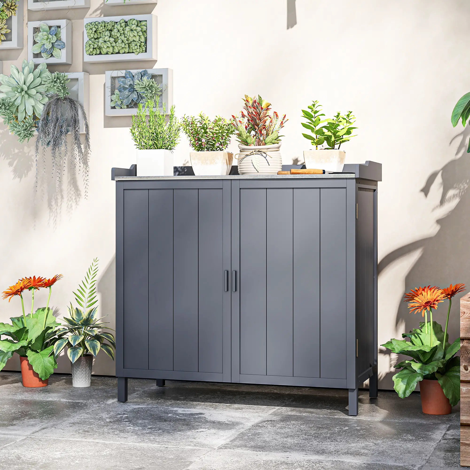 Outsunny 98 x 48 x 95.5cm Wooden Garden Storage Cabinet, Grey - Image 8