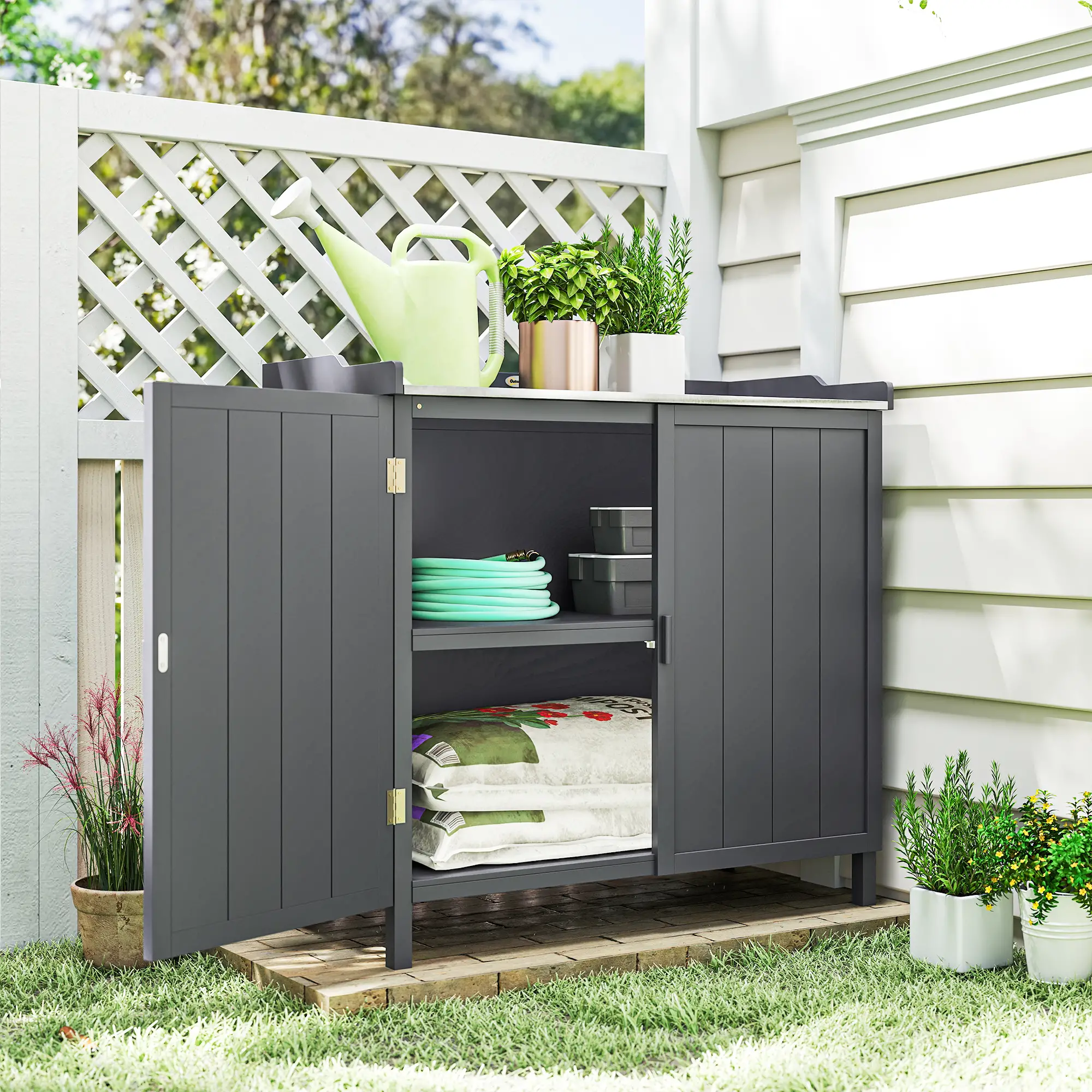 Outsunny 98 x 48 x 95.5cm Wooden Garden Storage Cabinet, Grey - Image 9