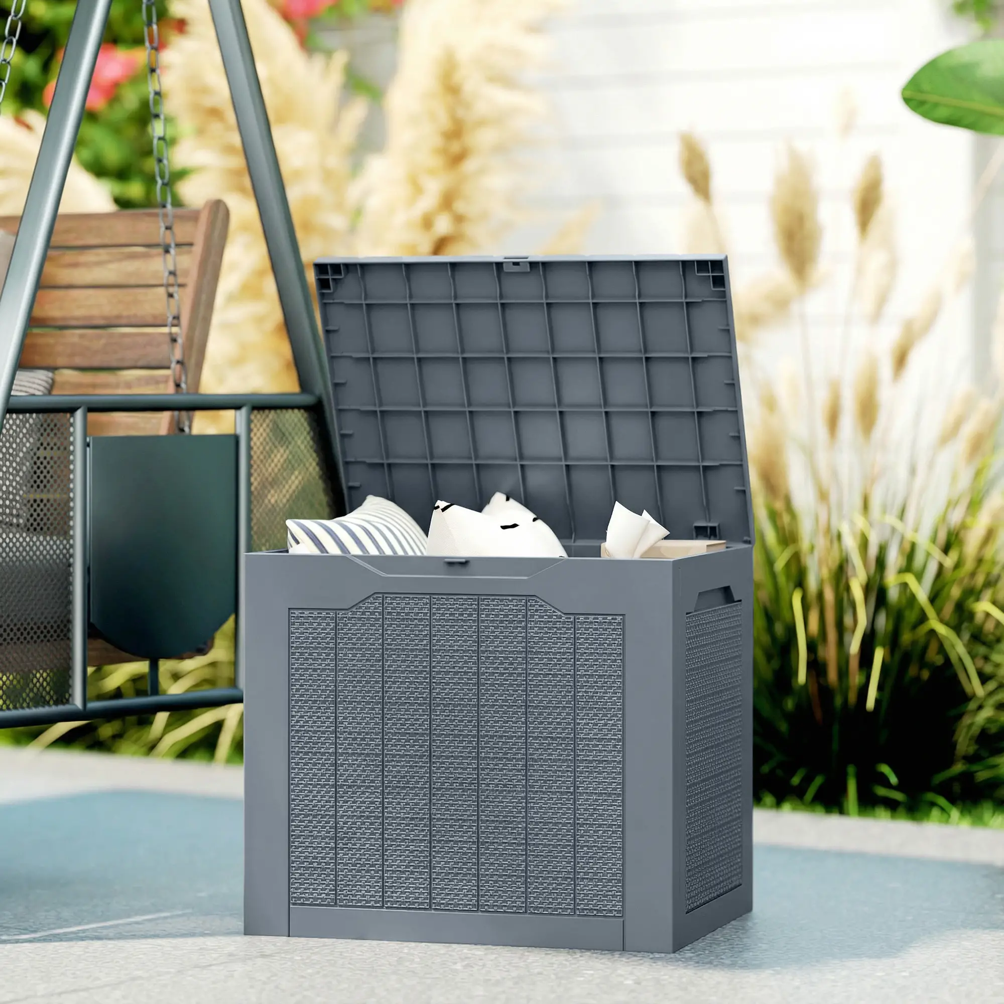 Outsunny 97L Plastic Garden Storage Box, Light Grey - Image 2