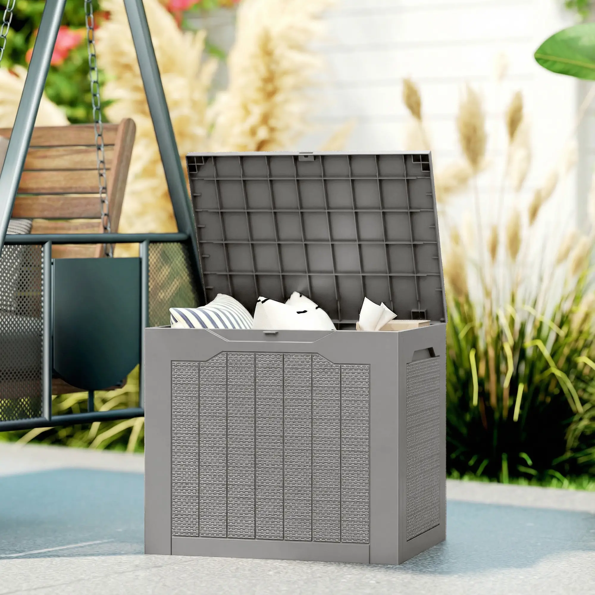 Outsunny 97L Plastic Garden Storage Box, Khaki - Image 2