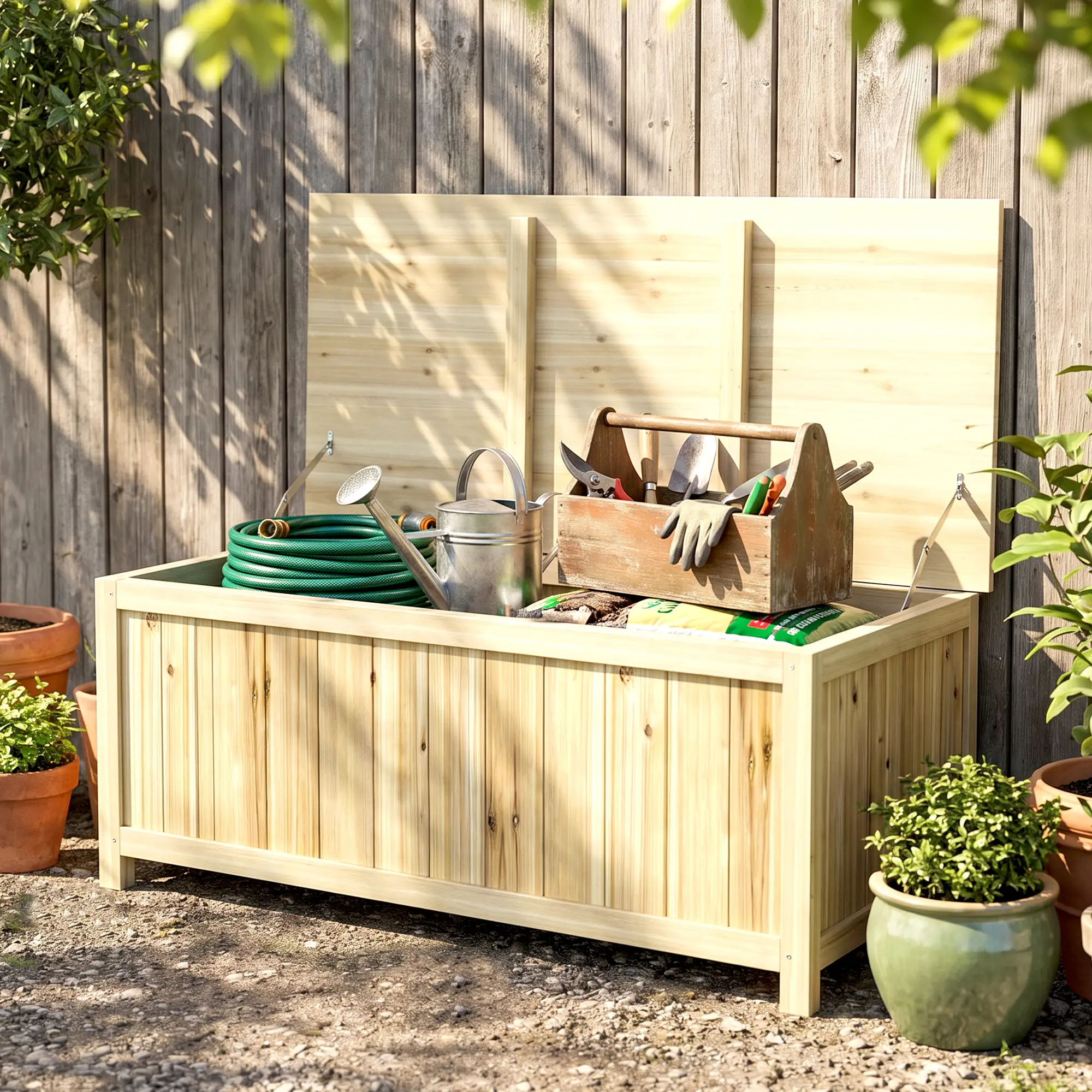 Outsunny 172L Wooden Garden Storage Box, Natural - Image 2
