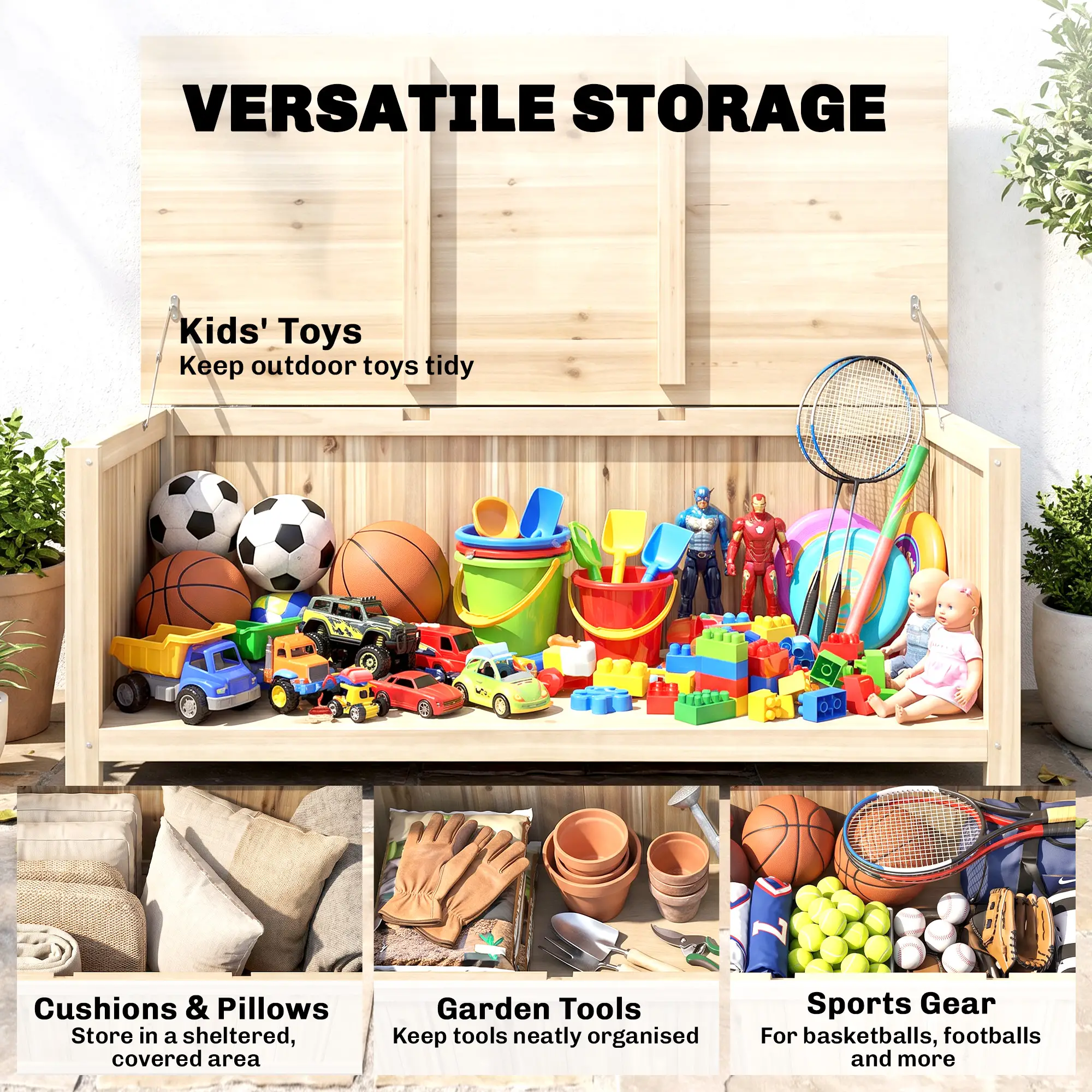 Outsunny 172L Wooden Garden Storage Box, Natural - Image 7
