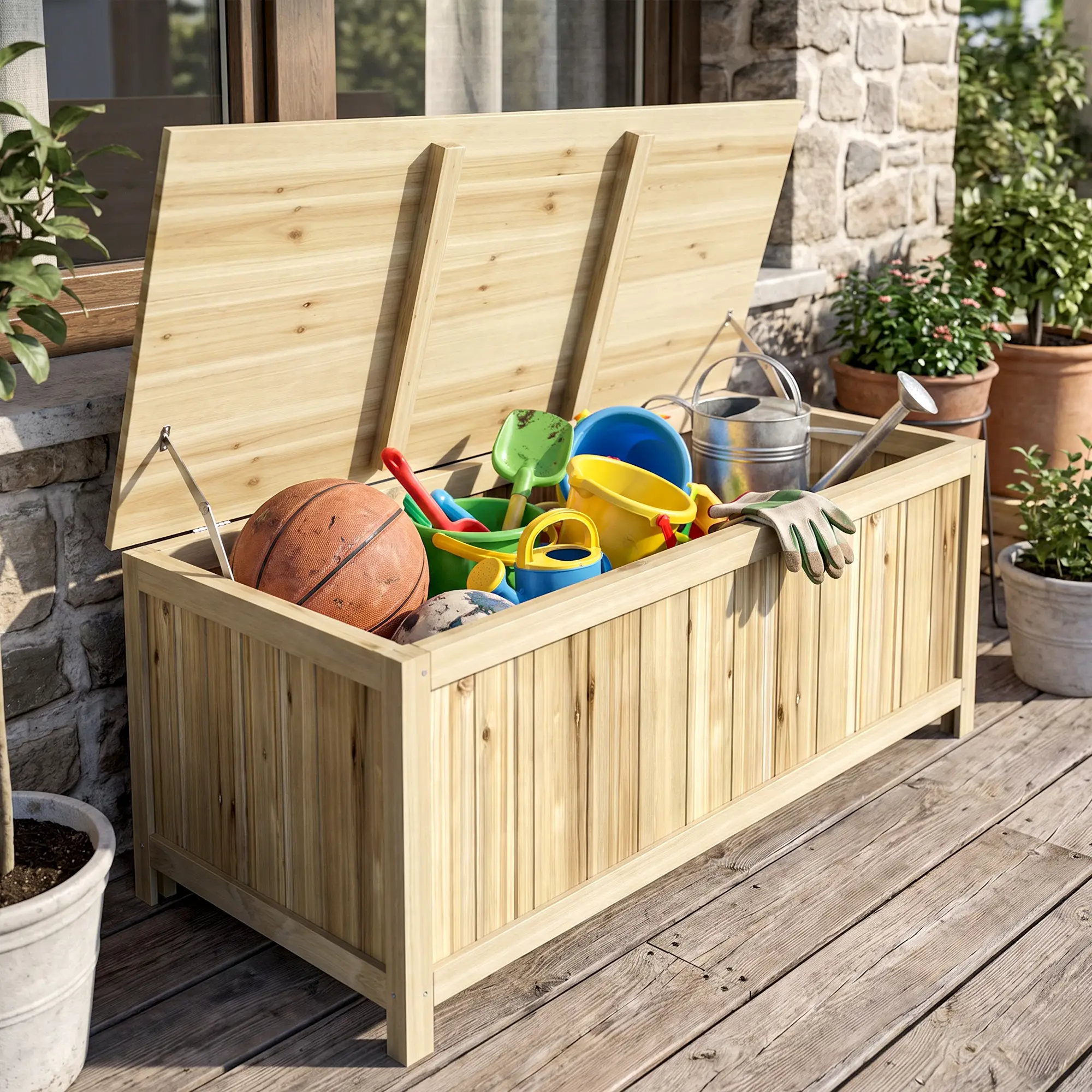 Outsunny 172L Wooden Garden Storage Box, Natural - Image 9