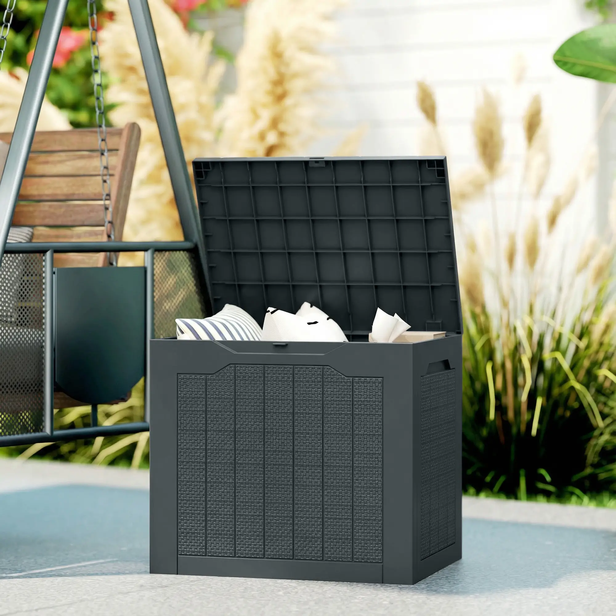 Outsunny 97L Plastic Garden Storage Box, Dark Grey - Image 2