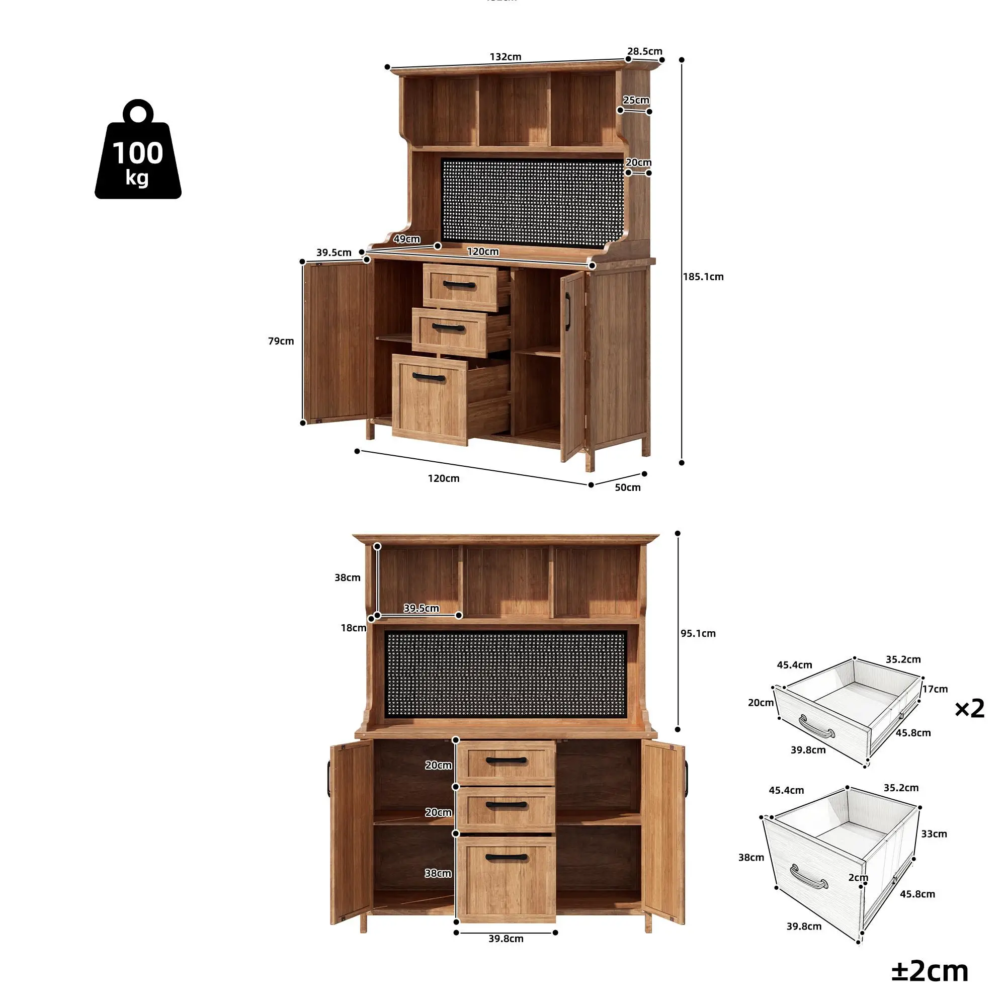 120 x 50 x 185cm Wooden Garden Cabinet with Pegboard, Natural - Image 3