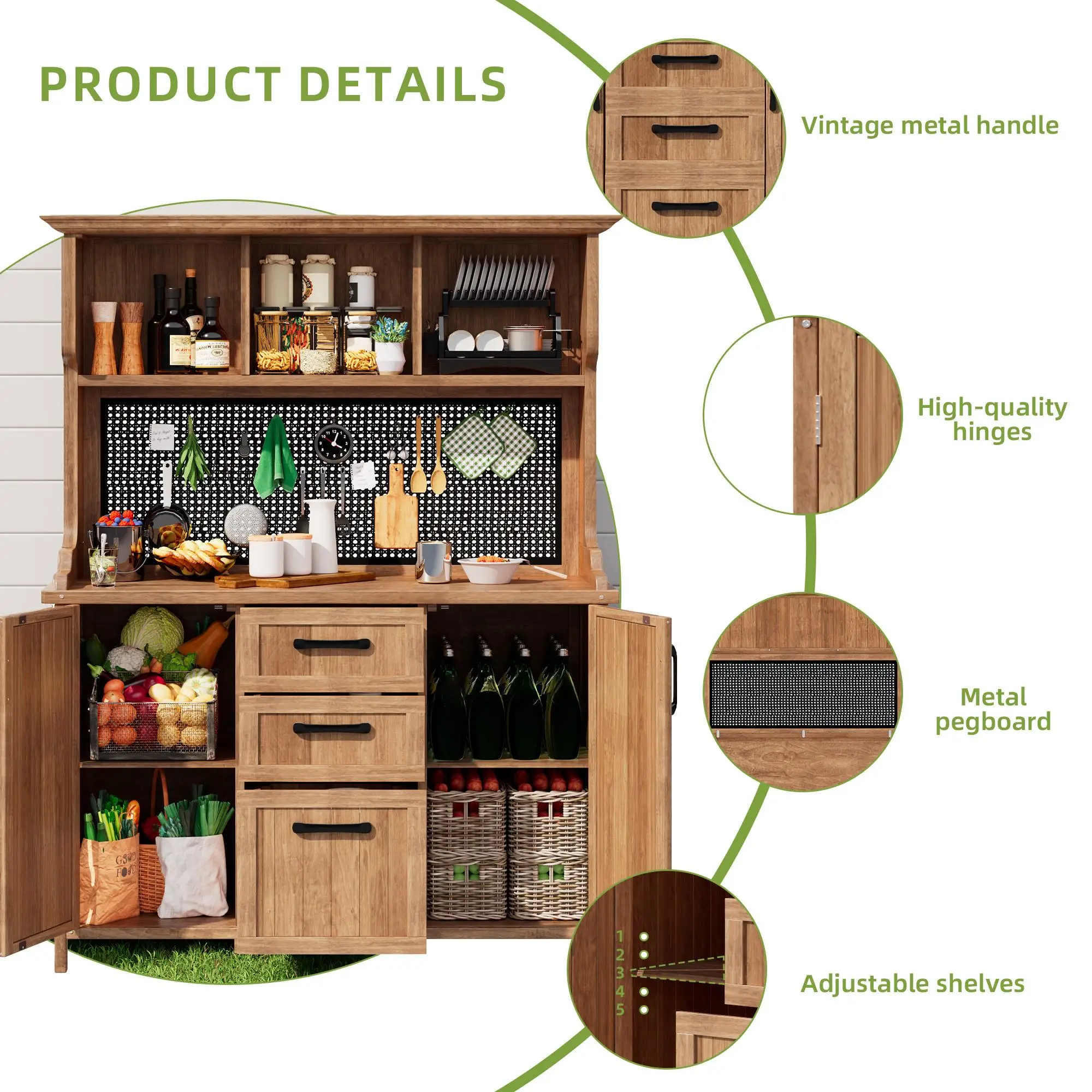 120 x 50 x 185cm Wooden Garden Cabinet with Pegboard, Natural - Image 4