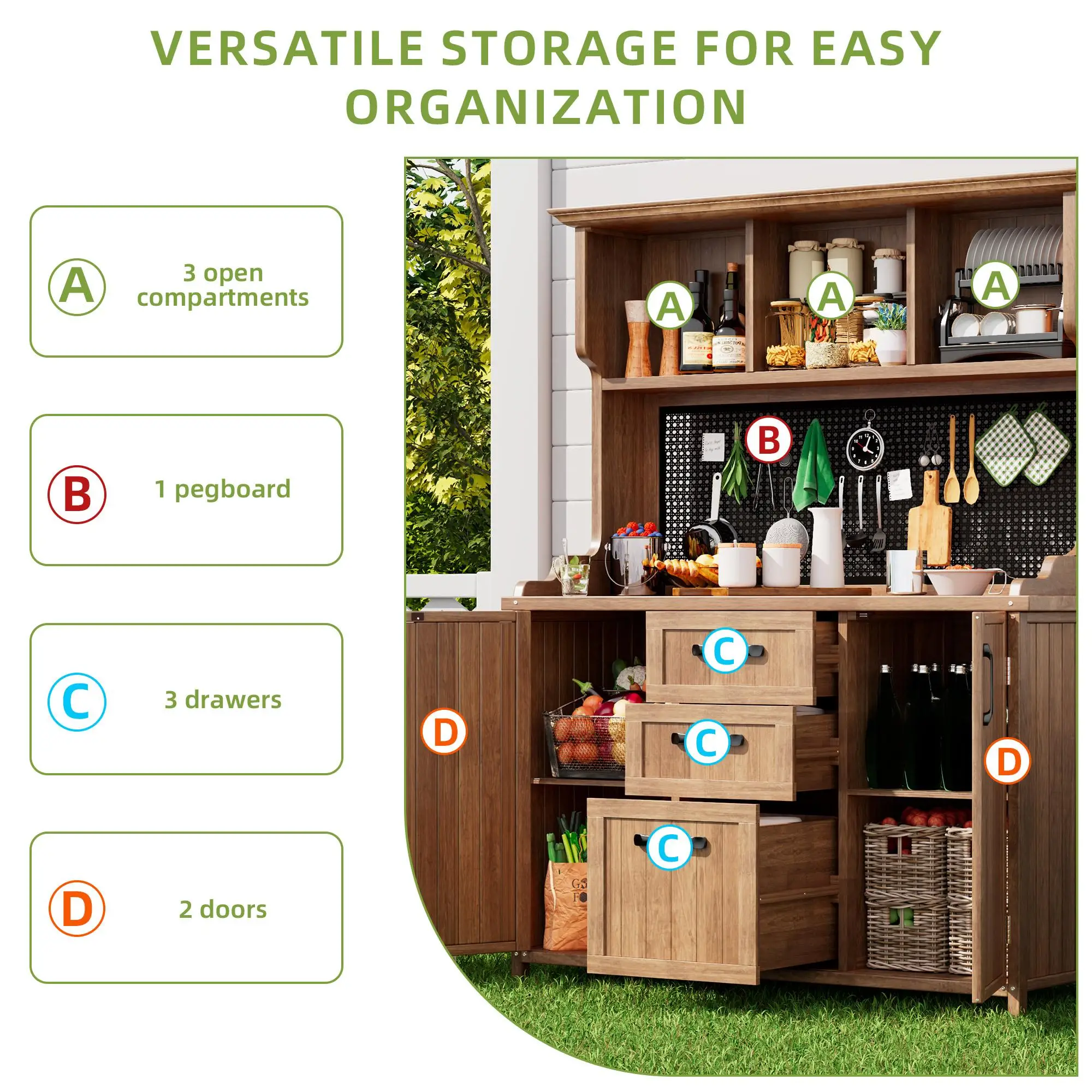120 x 50 x 185cm Wooden Garden Cabinet with Pegboard, Natural - Image 5