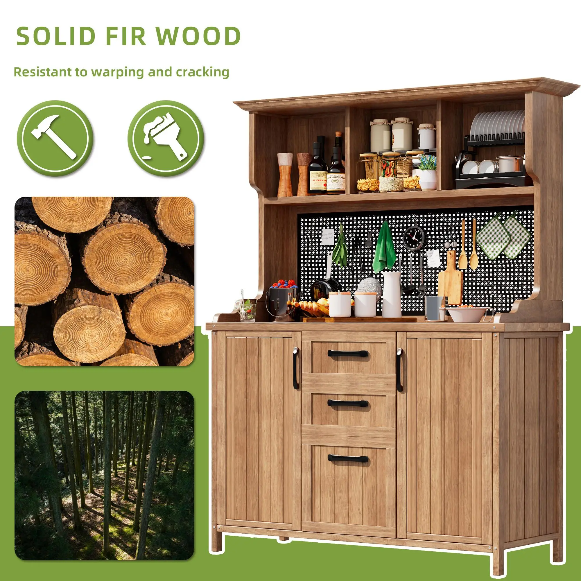 120 x 50 x 185cm Wooden Garden Cabinet with Pegboard, Natural - Image 6