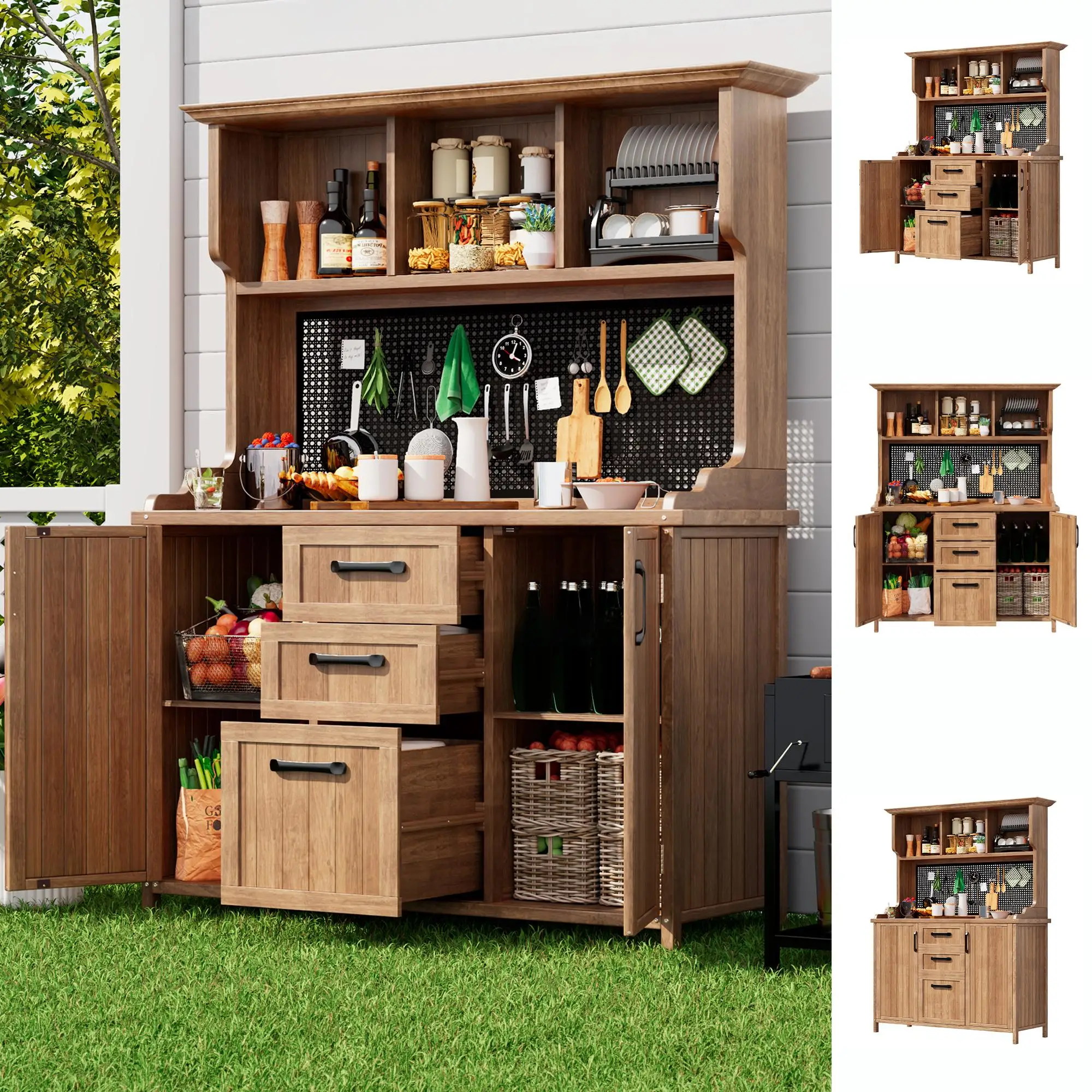 120 x 50 x 185cm Wooden Garden Cabinet with Pegboard, Natural - Image 7