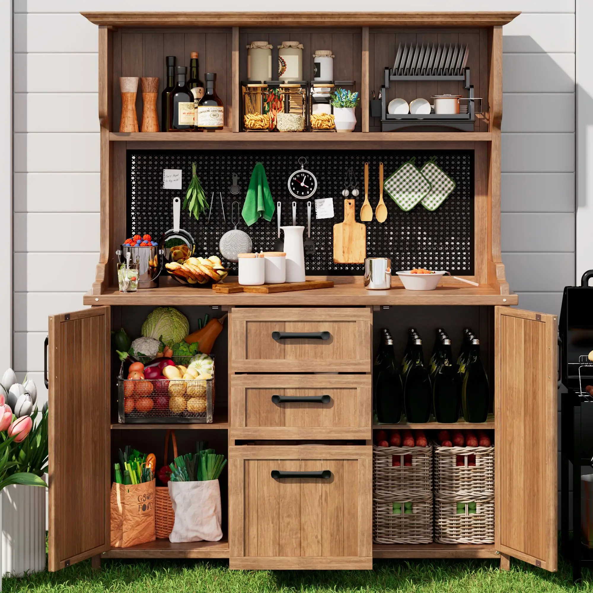 120 x 50 x 185cm Wooden Garden Cabinet with Pegboard, Natural - Image 8