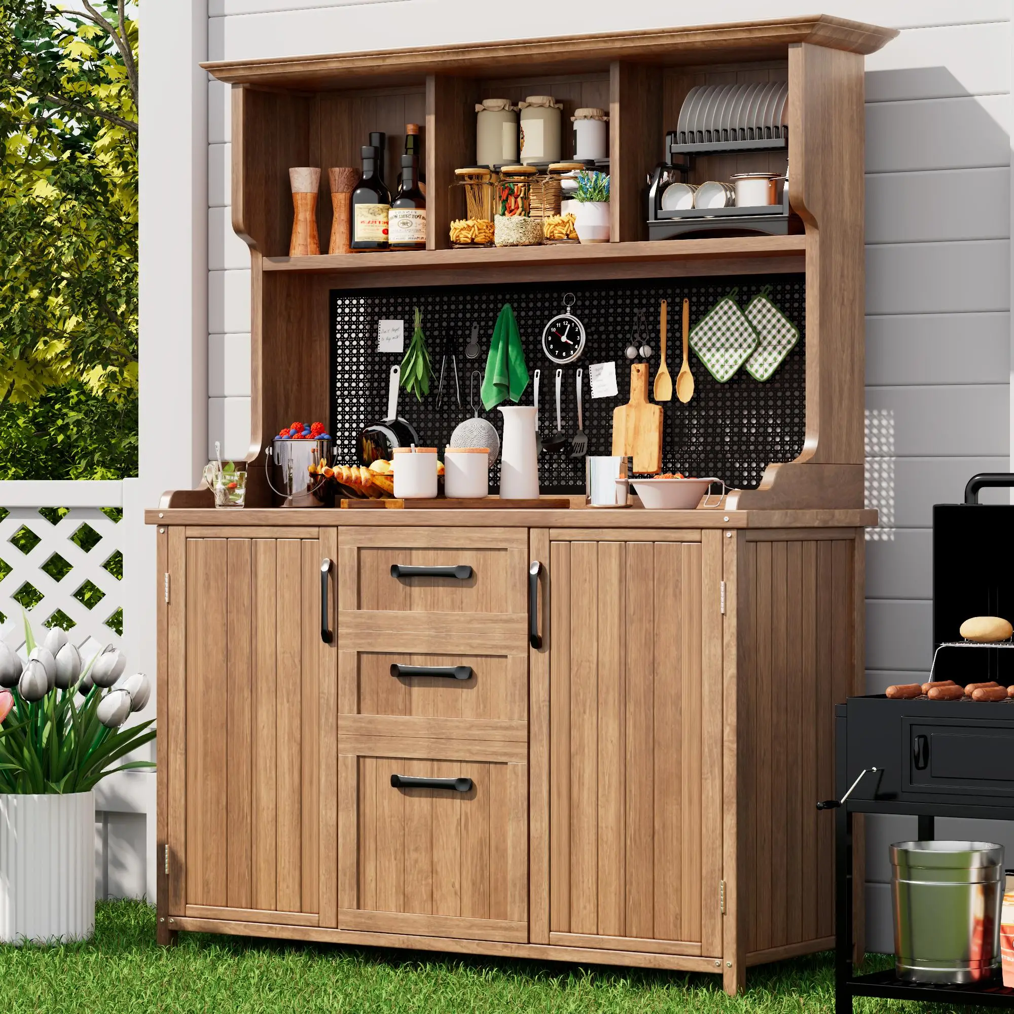 120 x 50 x 185cm Wooden Garden Cabinet with Pegboard, Natural - Image 9