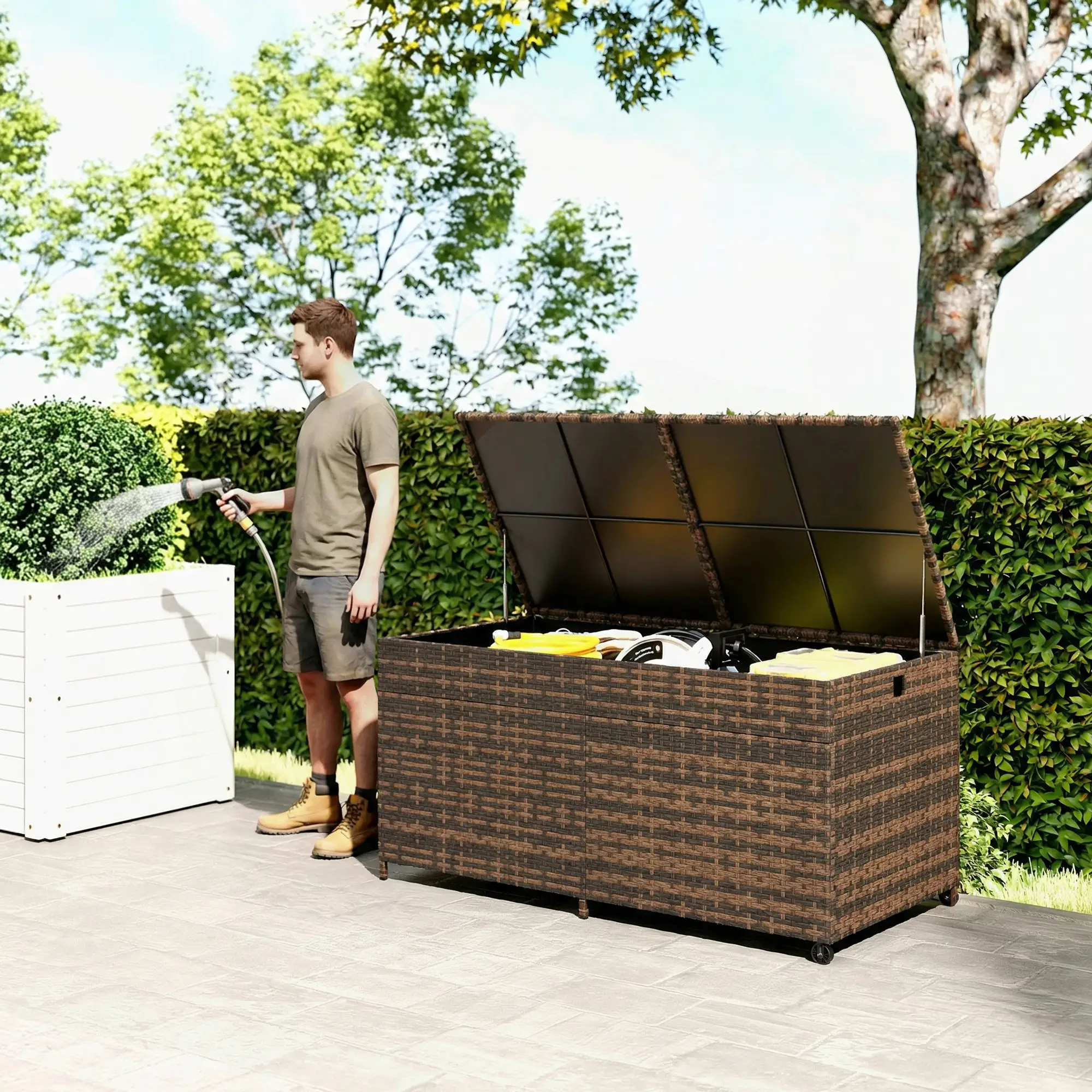 Outsunny 650L Rattan Garden Storage Box, Mixed Brown - Image 2