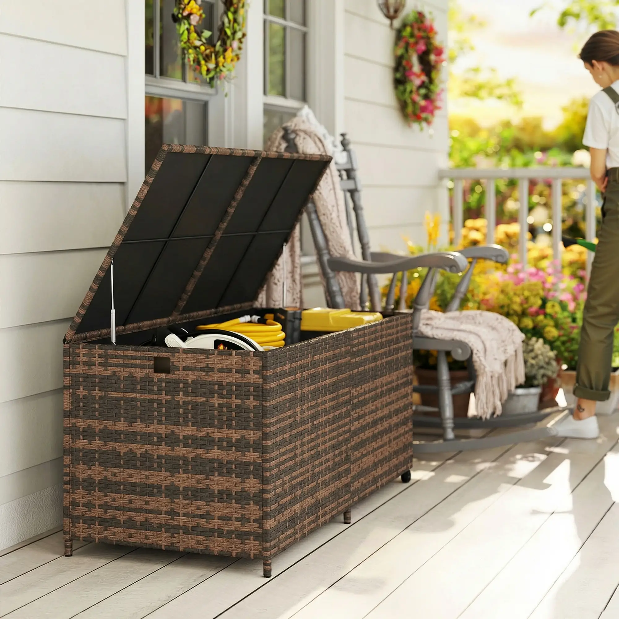 Outsunny 650L Rattan Garden Storage Box, Mixed Brown - Image 10