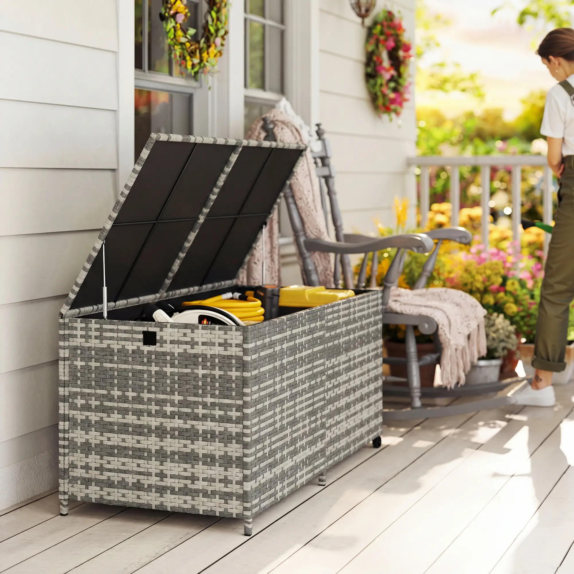 Outsunny 650L Rattan Garden Storage Box, Mixed Grey - Image 10