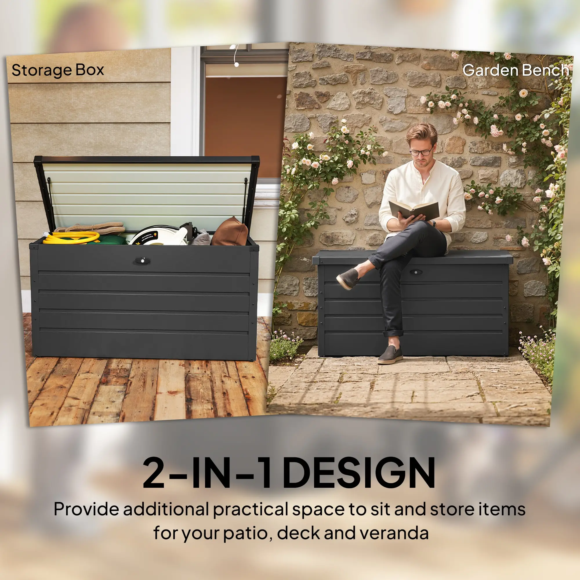 Outsunny 311L Steel Garden Storage Box, Dark Grey - Image 4