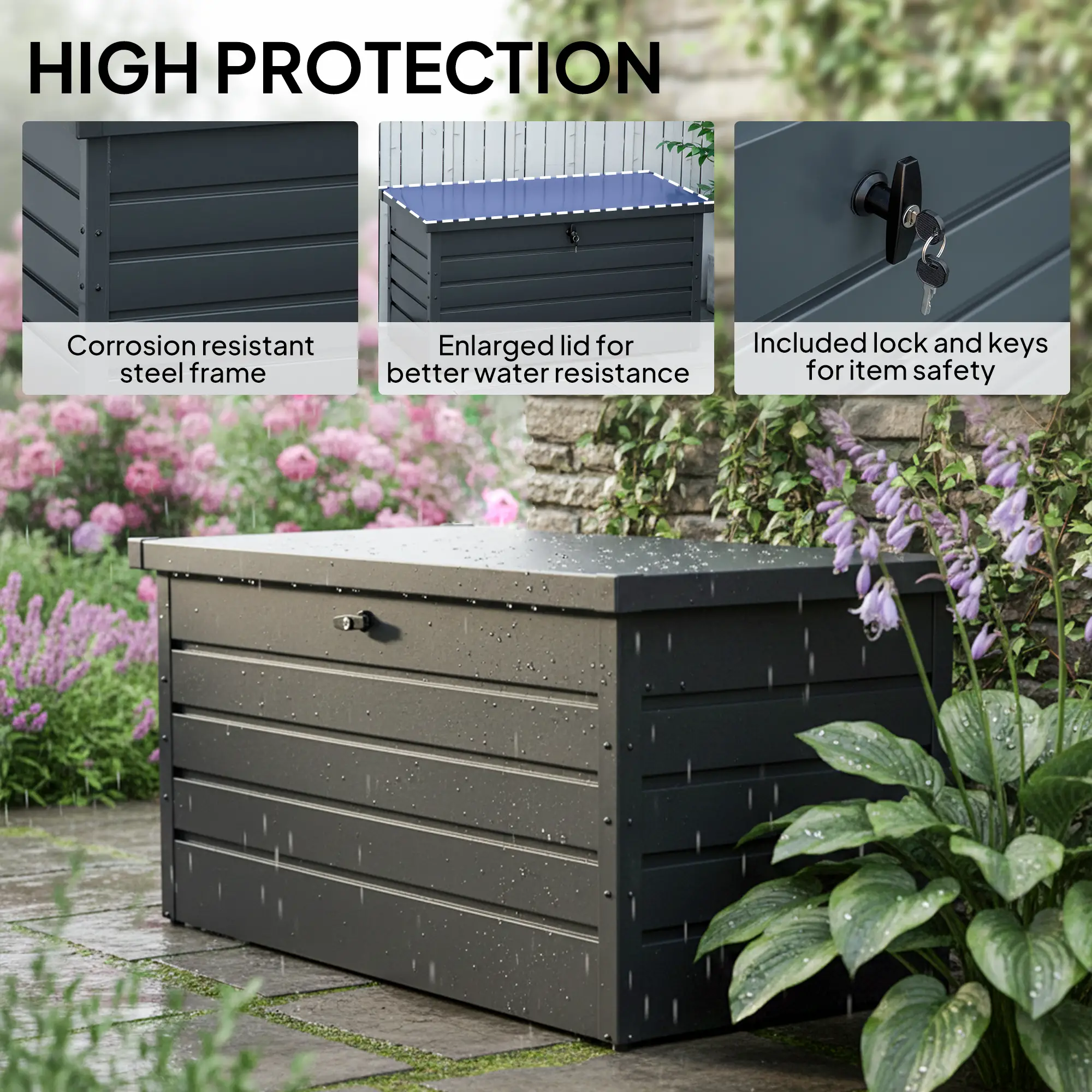 Outsunny 311L Steel Garden Storage Box, Dark Grey - Image 6