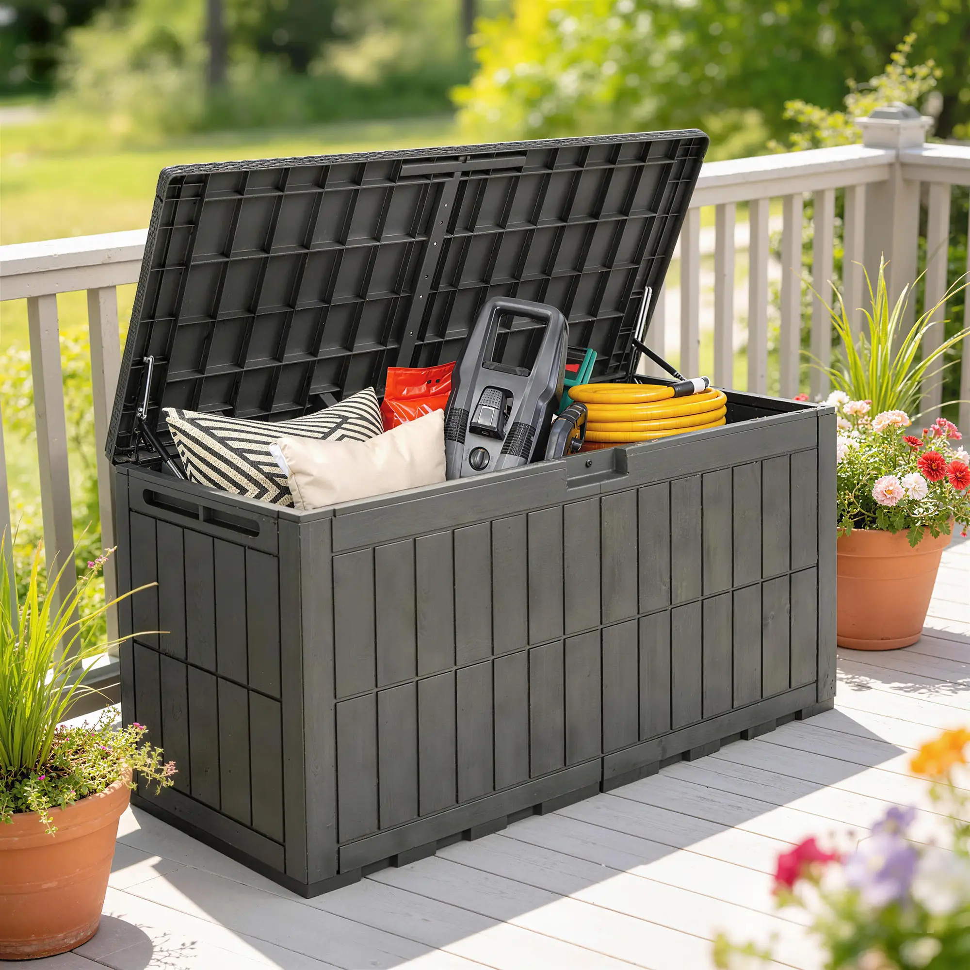 Outsunny 440L Plastic Garden Storage Box, Coffee Wood Effect - Image 2