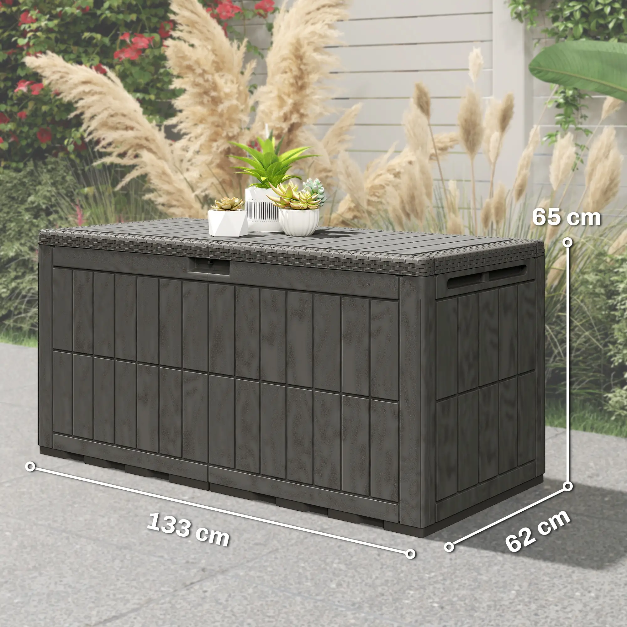 Outsunny 440L Plastic Garden Storage Box, Coffee Wood Effect - Image 3