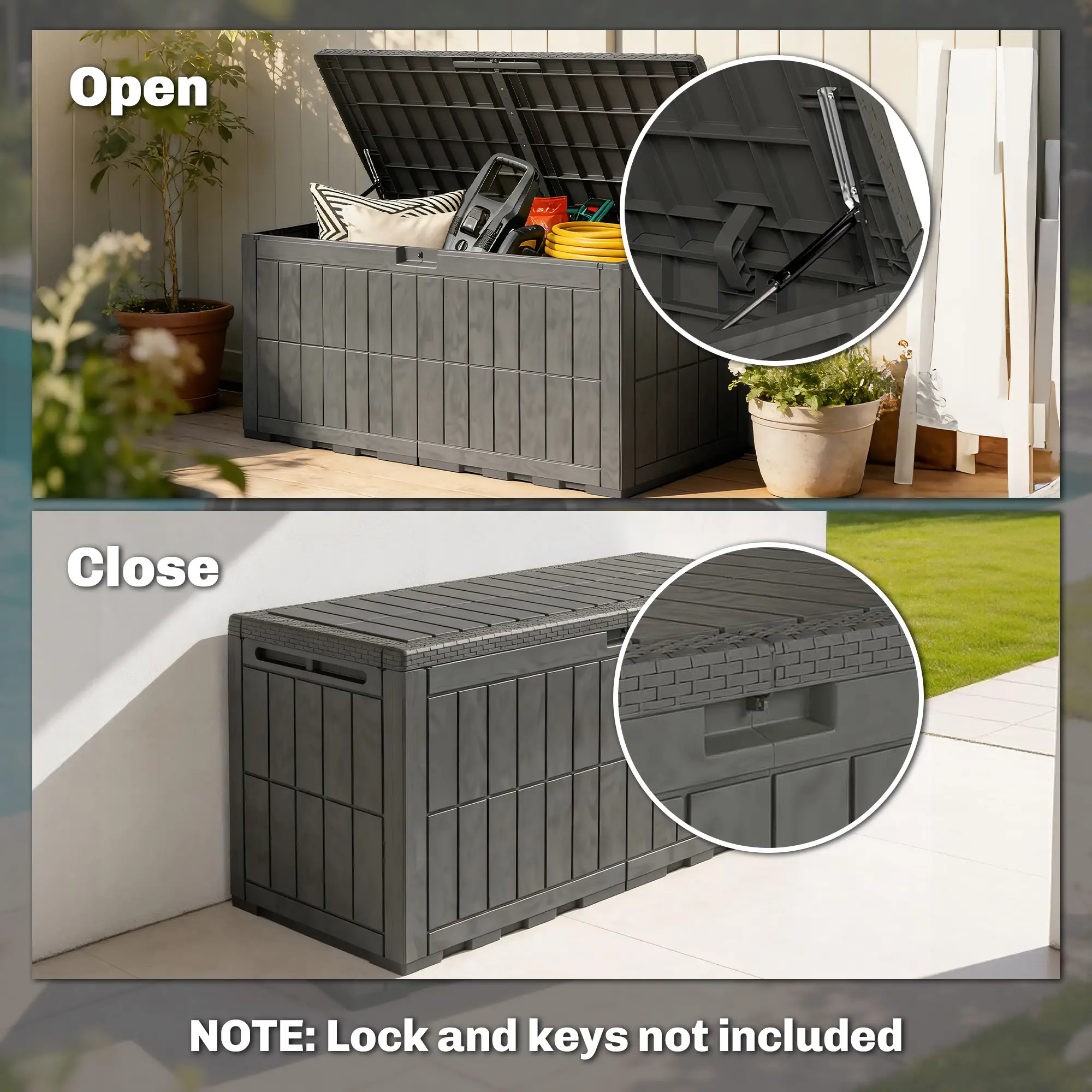 Outsunny 440L Plastic Garden Storage Box, Coffee Wood Effect - Image 7