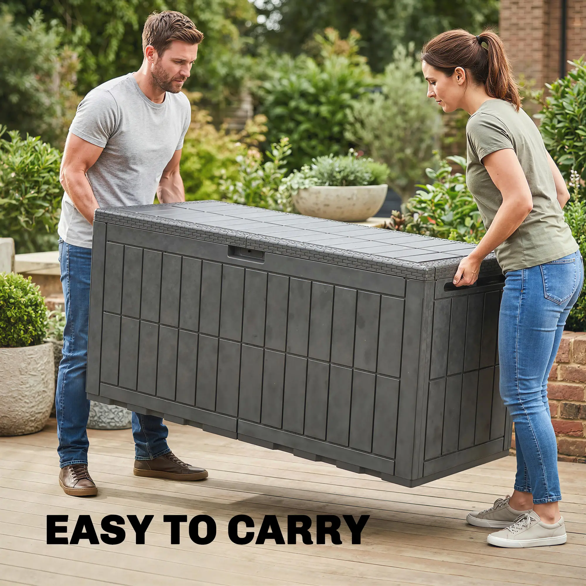 Outsunny 440L Plastic Garden Storage Box, Coffee Wood Effect - Image 8