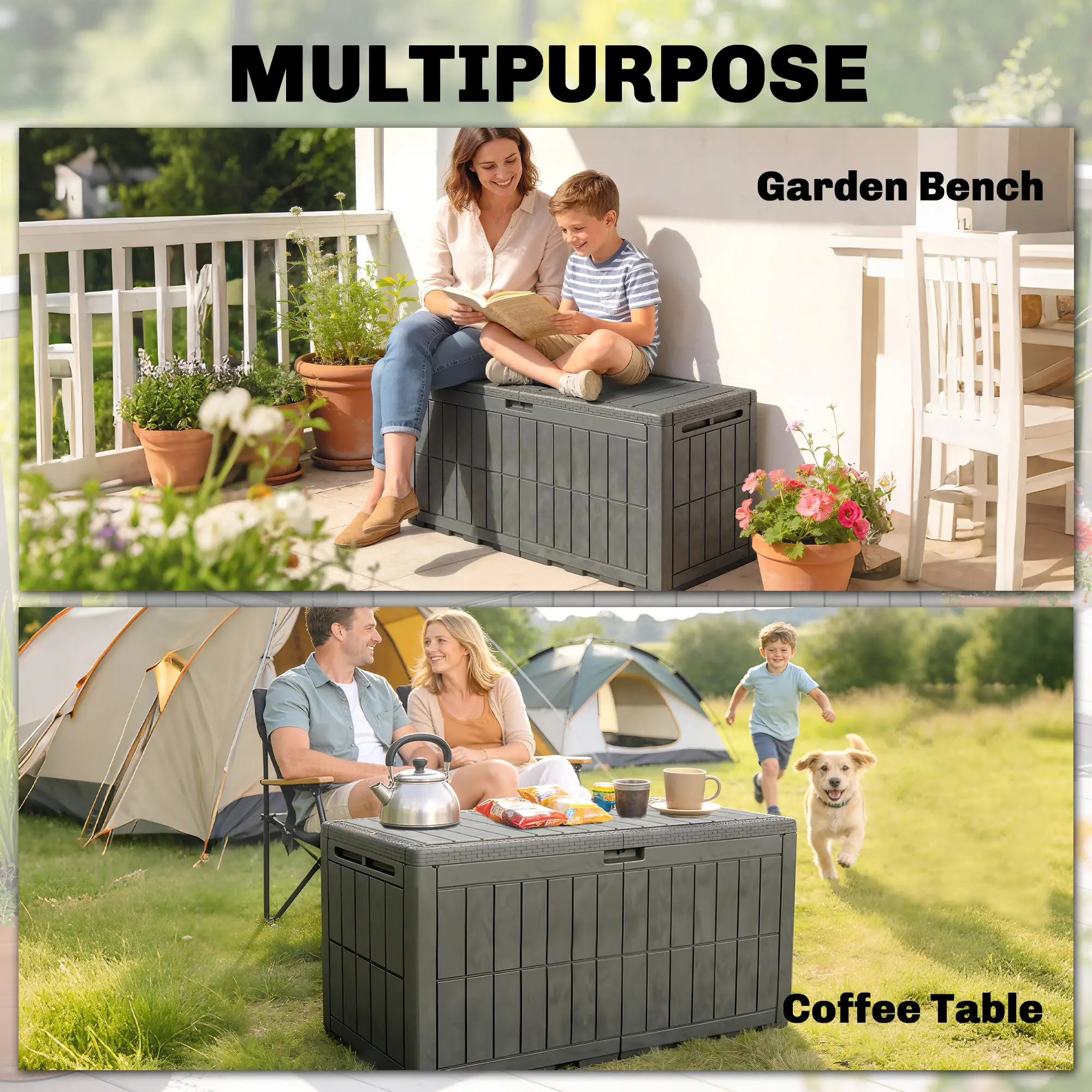 Outsunny 440L Plastic Garden Storage Box, Coffee Wood Effect - Image 9