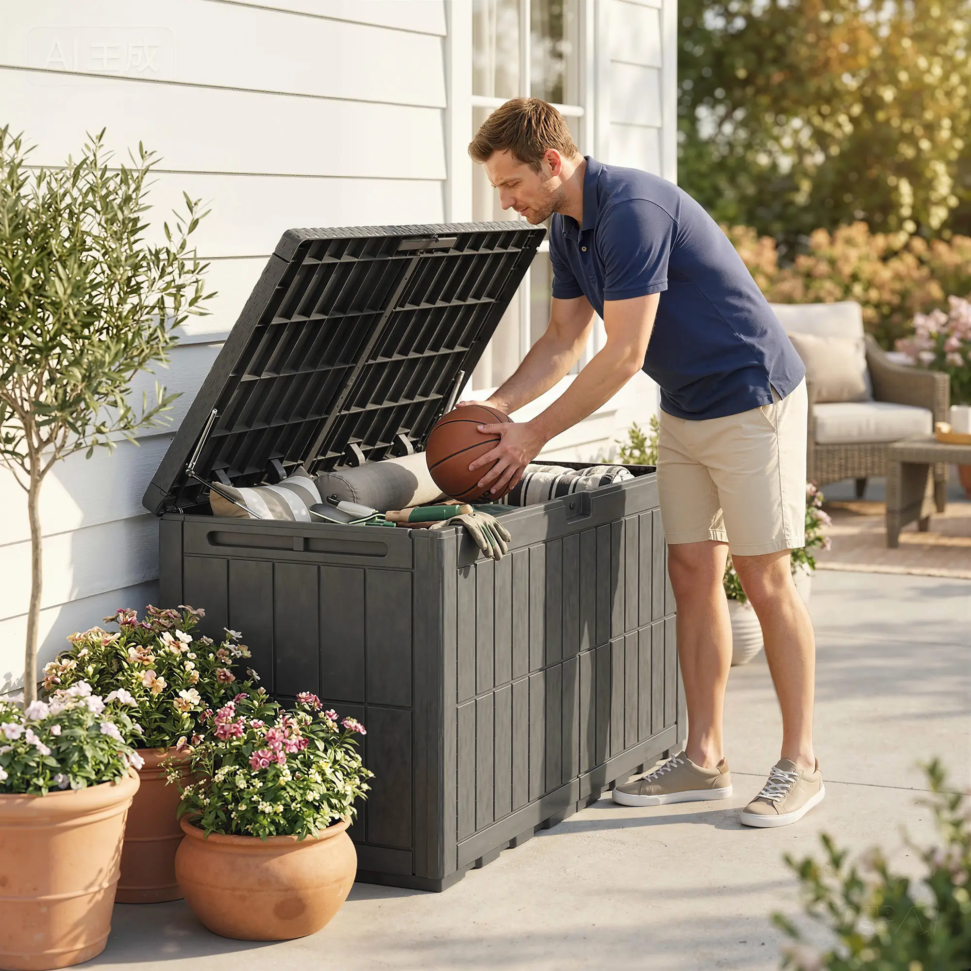 Outsunny 440L Plastic Garden Storage Box, Coffee Wood Effect - Image 10