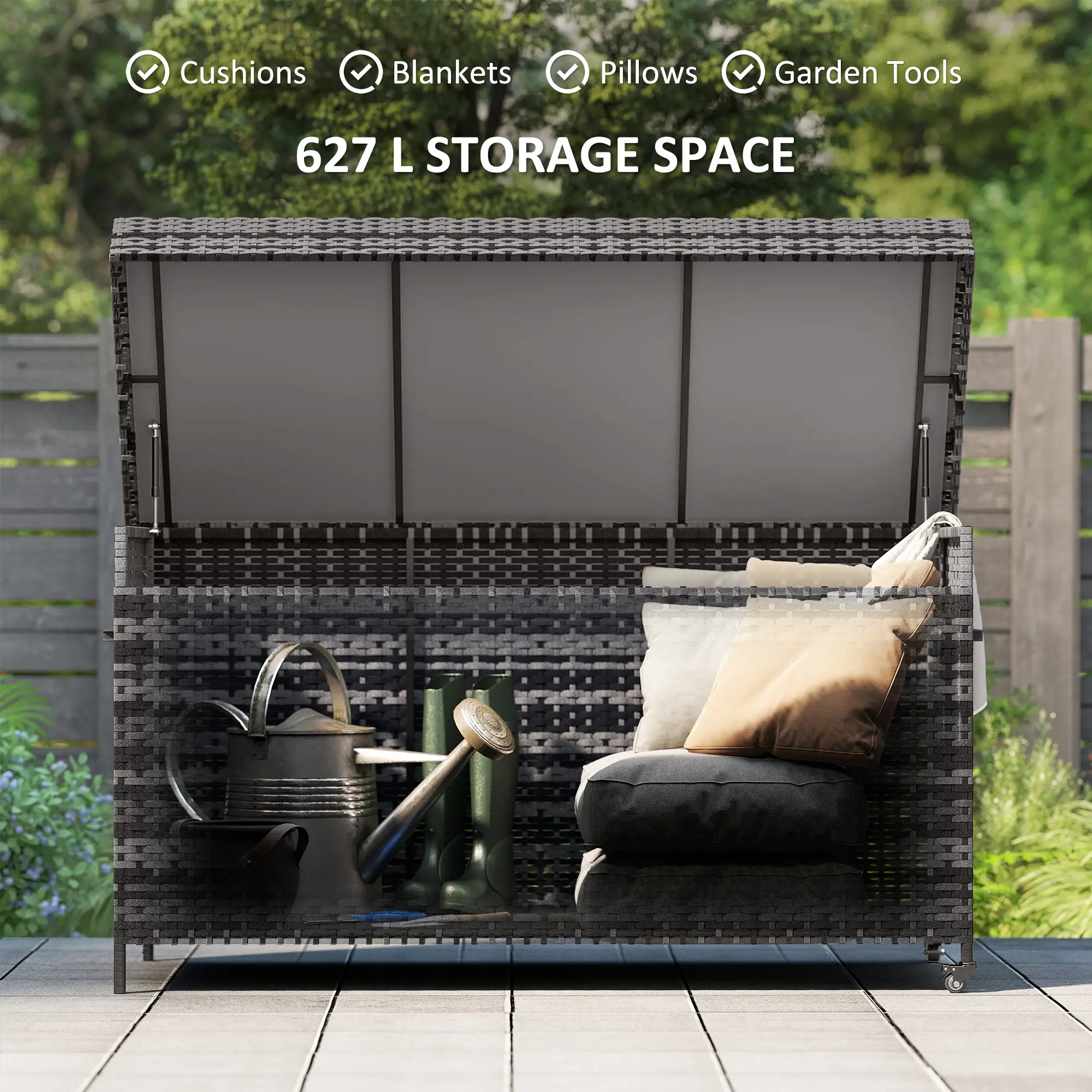 Outsunny 627L Rattan Garden Storage Box, Dark Grey - Image 4