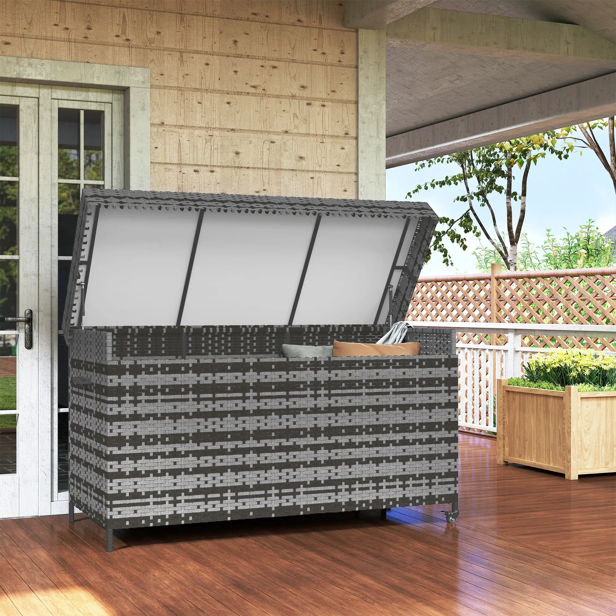 Outsunny 627L Rattan Garden Storage Box, Dark Grey - Image 9