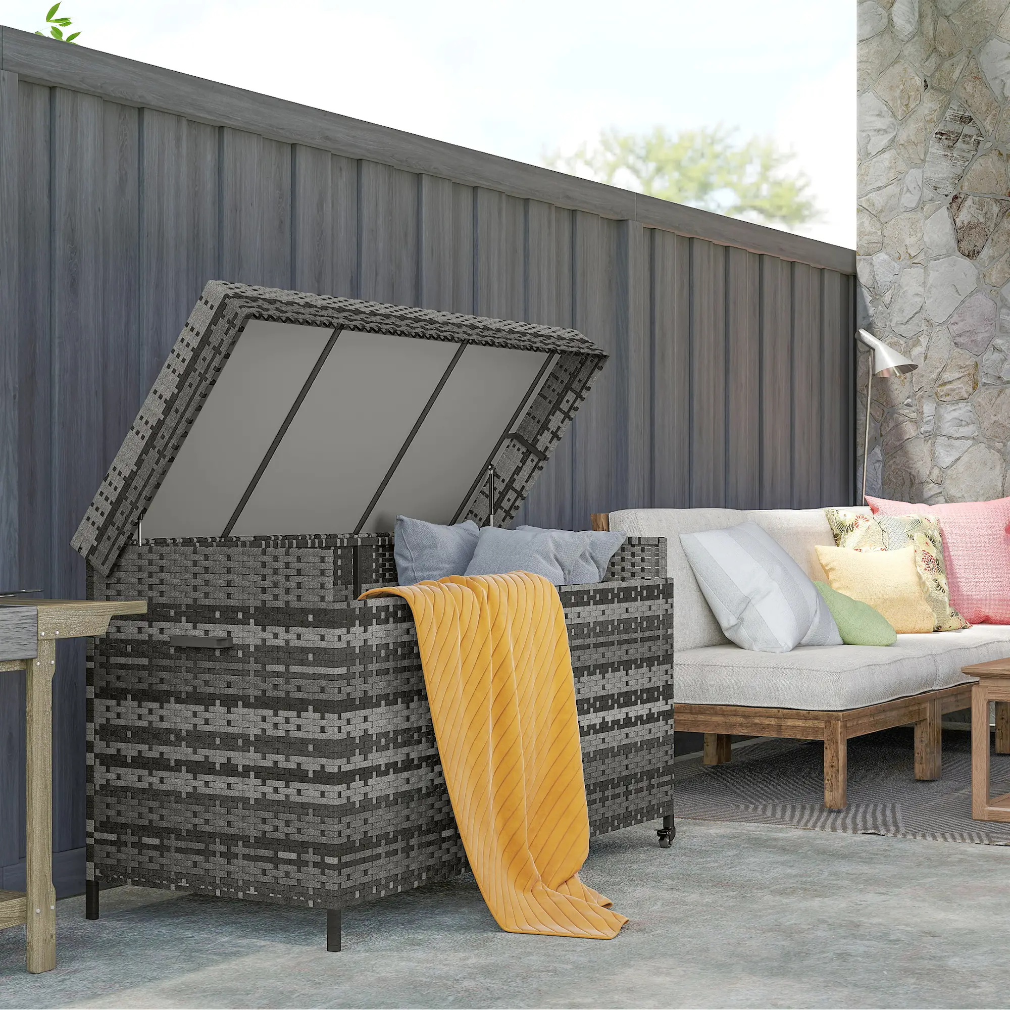 Outsunny 627L Rattan Garden Storage Box, Dark Grey - Image 10