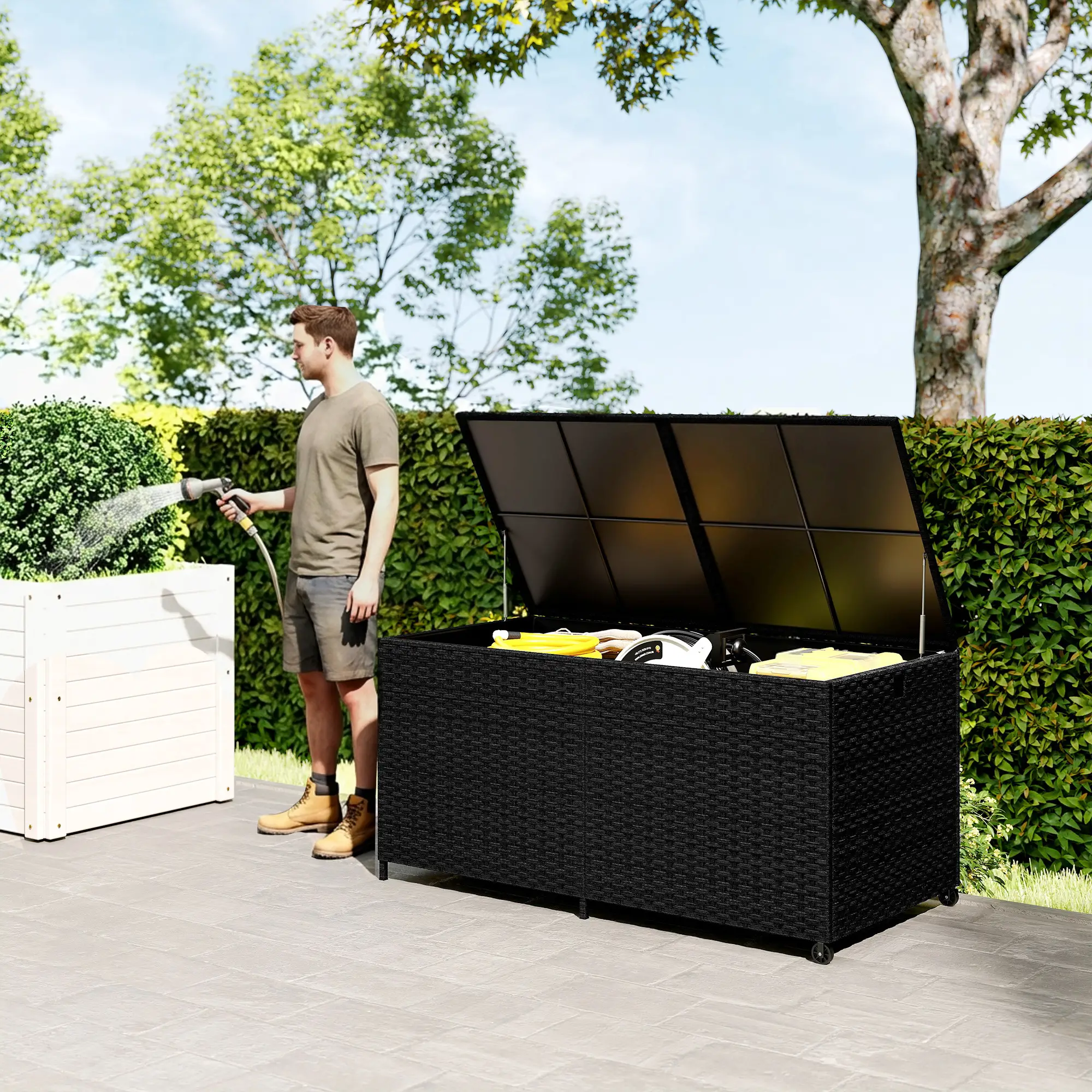 Outsunny 650L Rattan Garden Storage Box, Black - Image 2