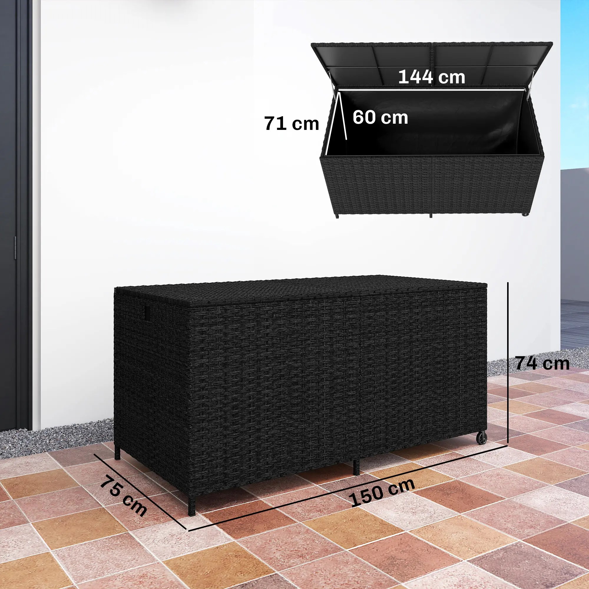 Outsunny 650L Rattan Garden Storage Box, Black - Image 3